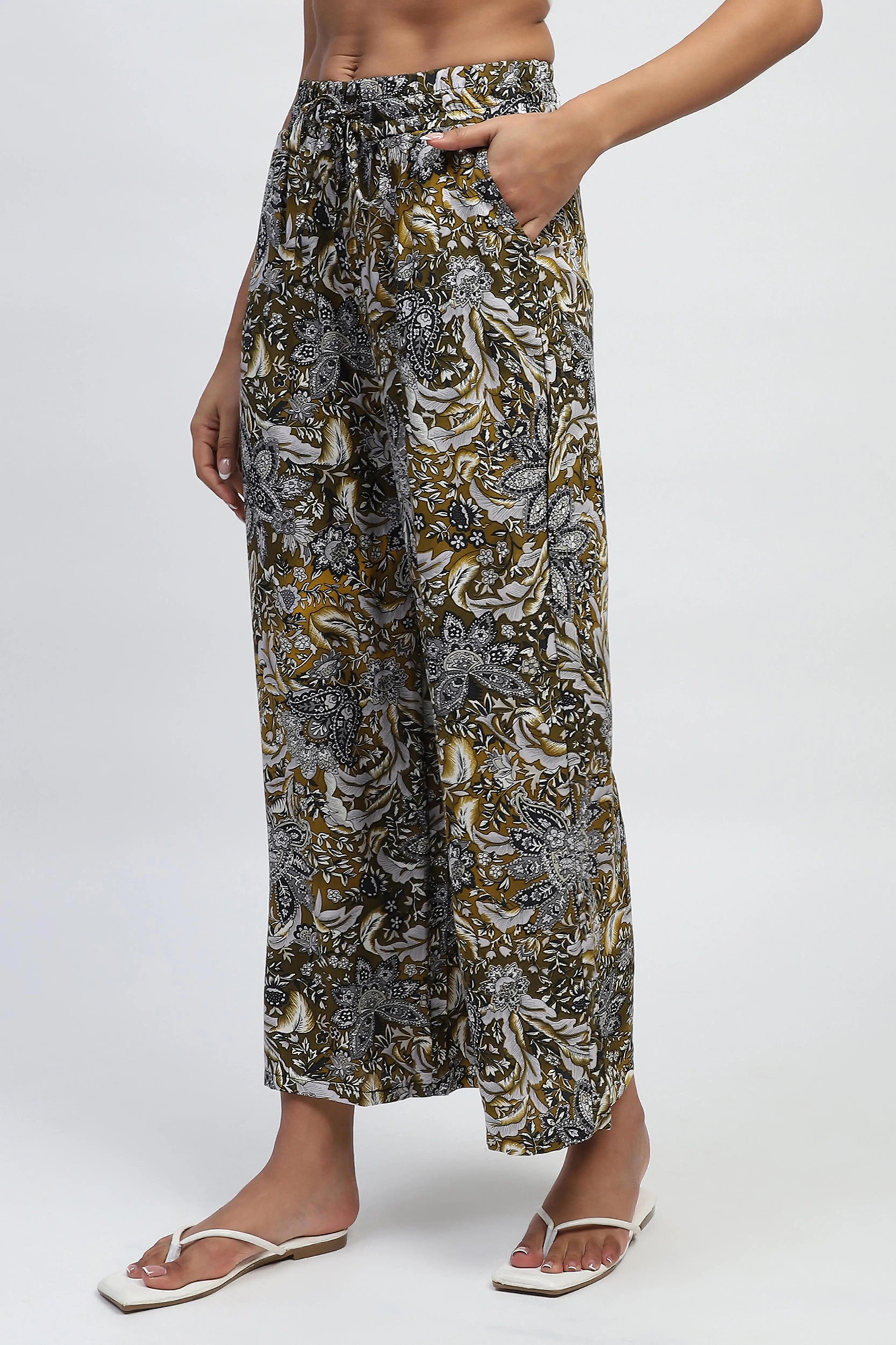 Olive Floral Print Rayon Loose Fit Lower - Global Republic