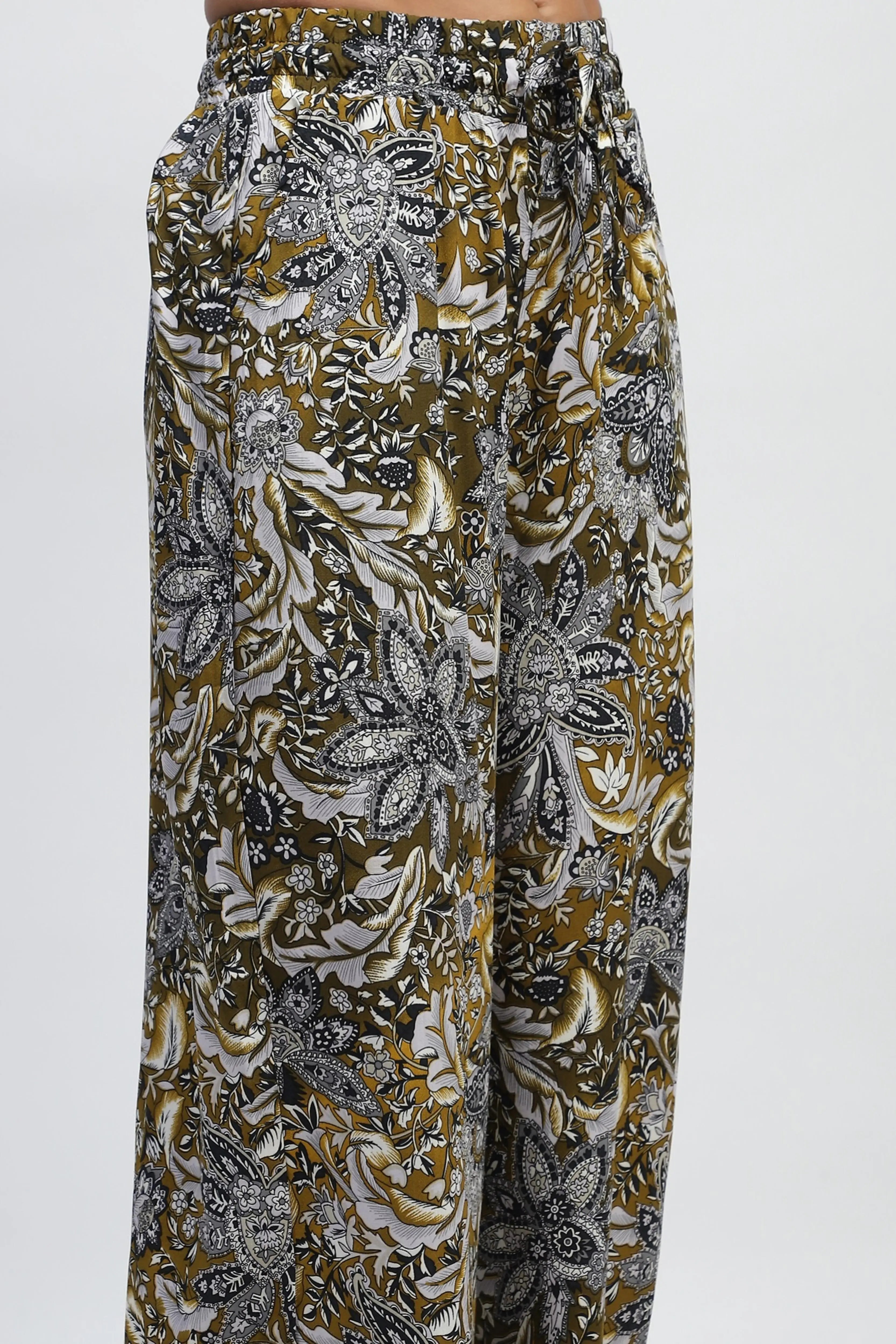 Olive Floral Print Rayon Loose Fit Lower - Global Republic