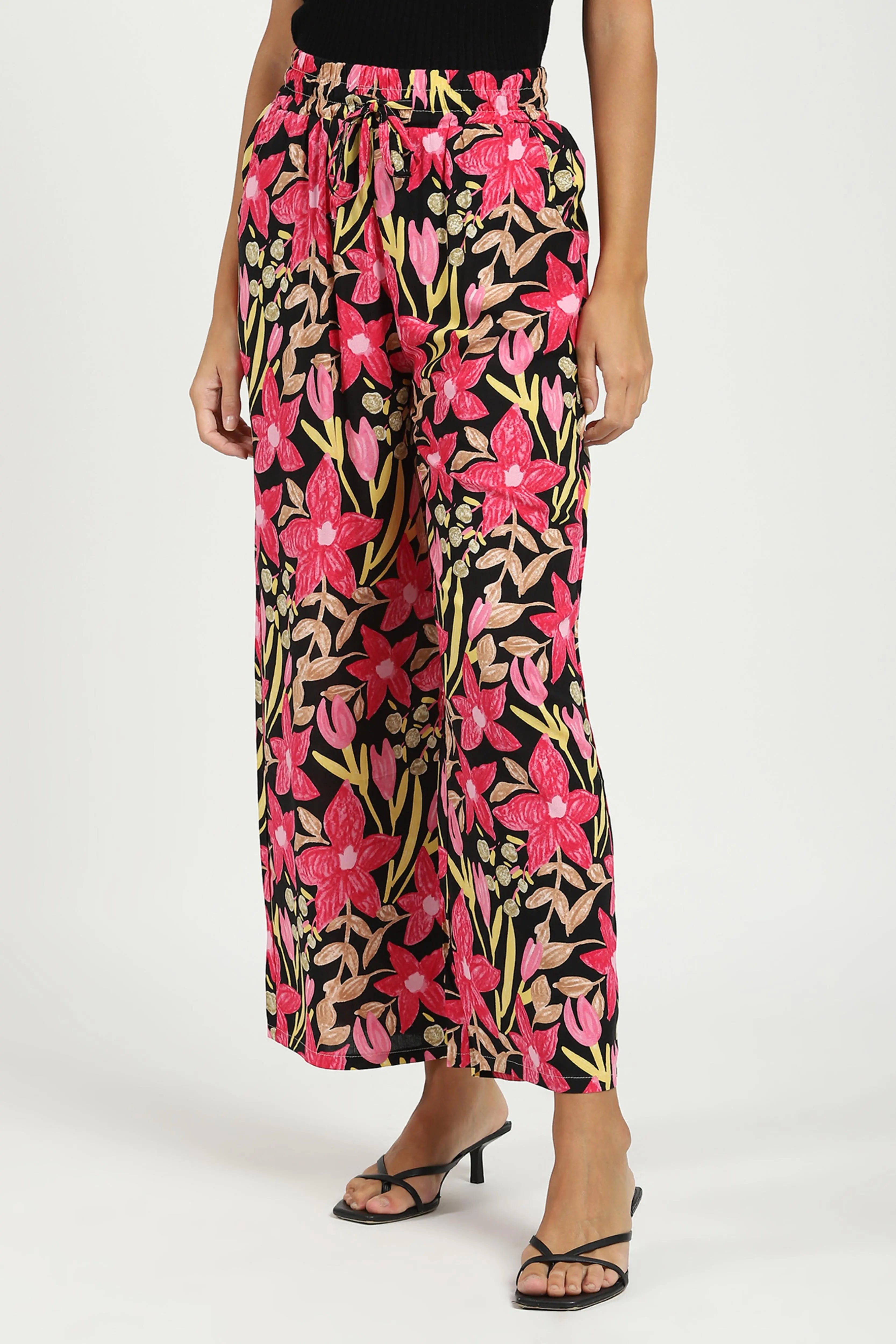 Black & Pink Printed Rayon Lower - Global Republic