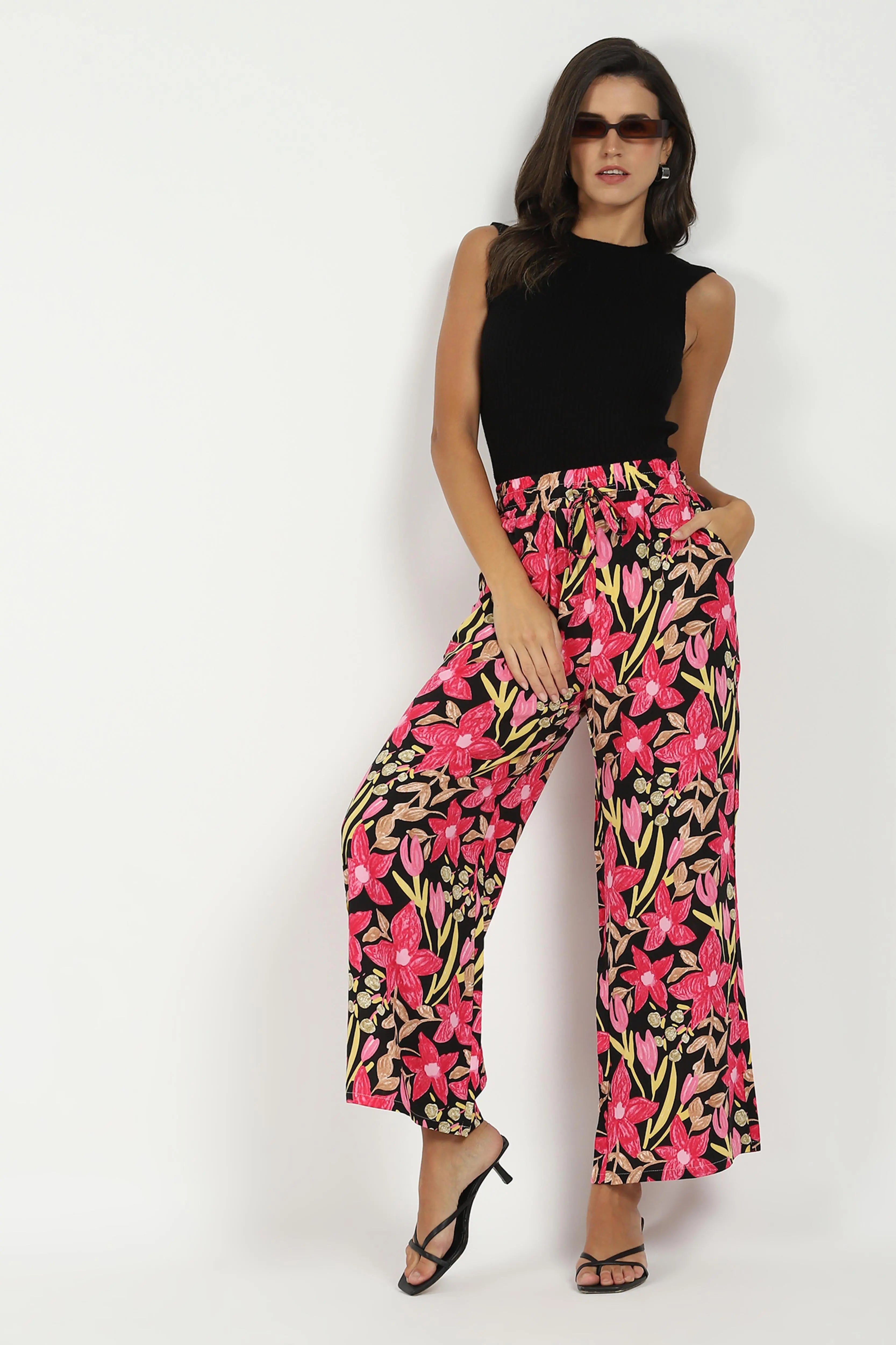 Black & Pink Printed Rayon Lower - Global Republic