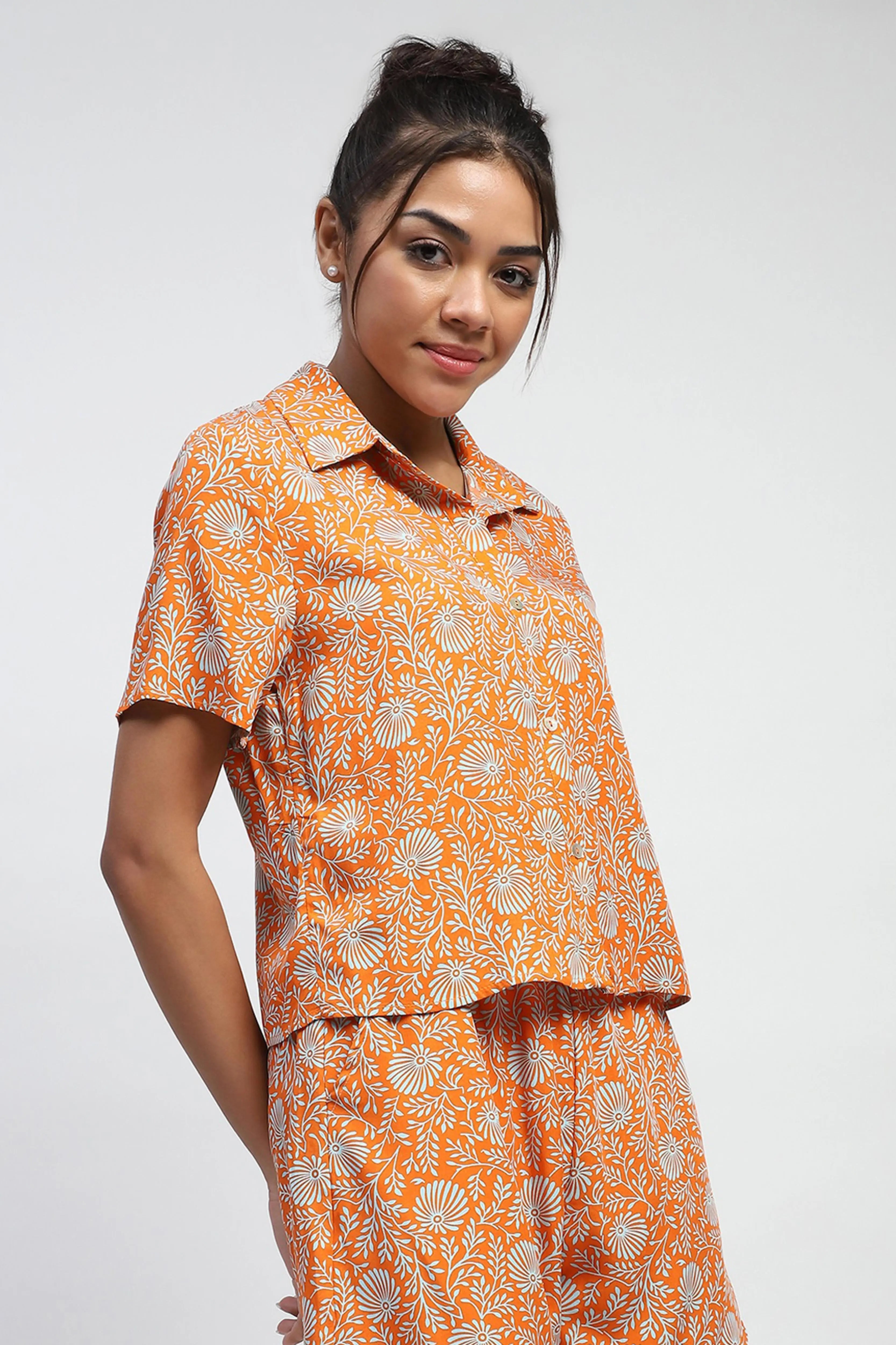 Orange Floral Print Rayon Loose Fit Shirt - Global Republic