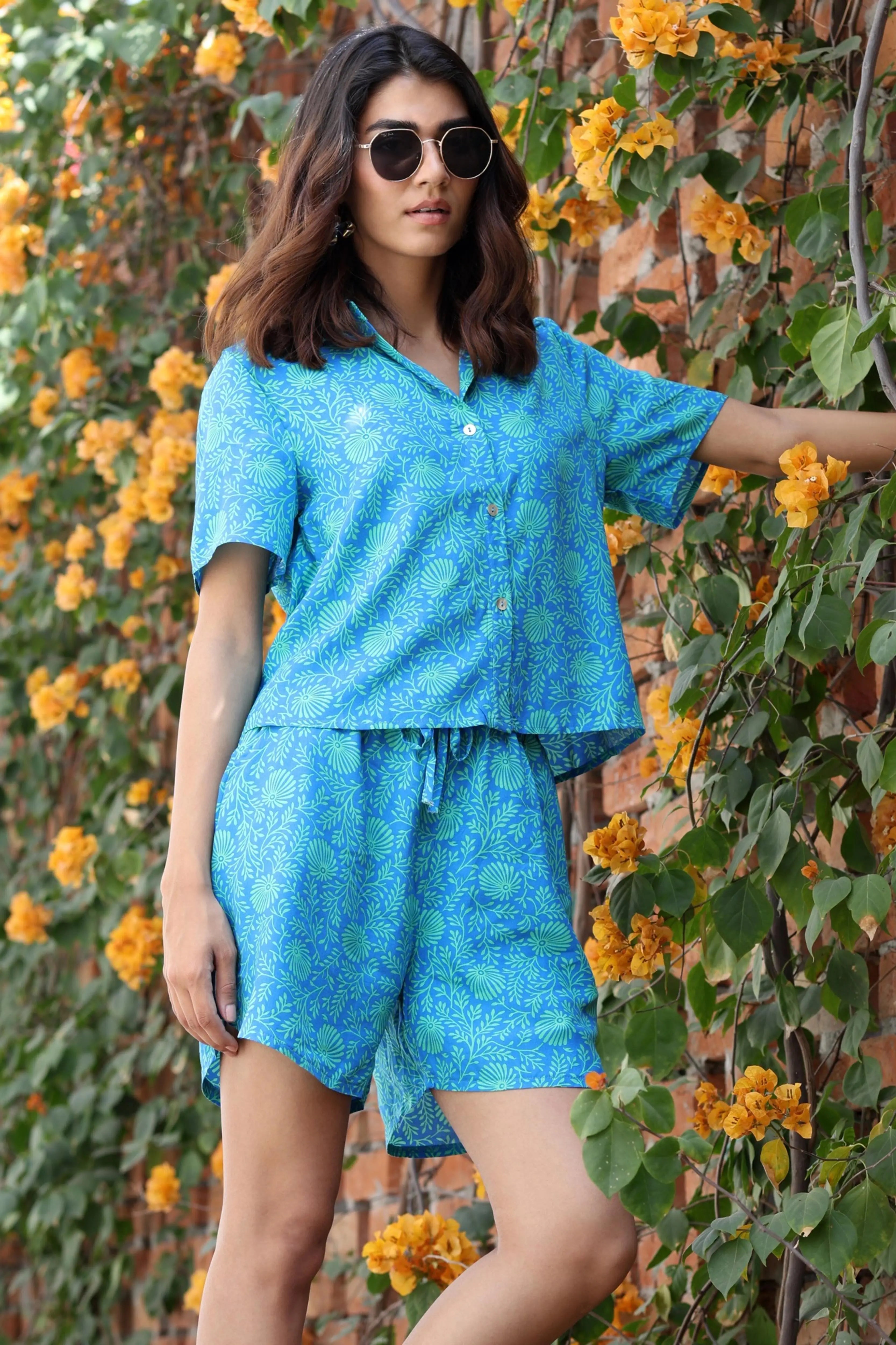 Blue Rayon Floral Print Nightsuit - Global Republic