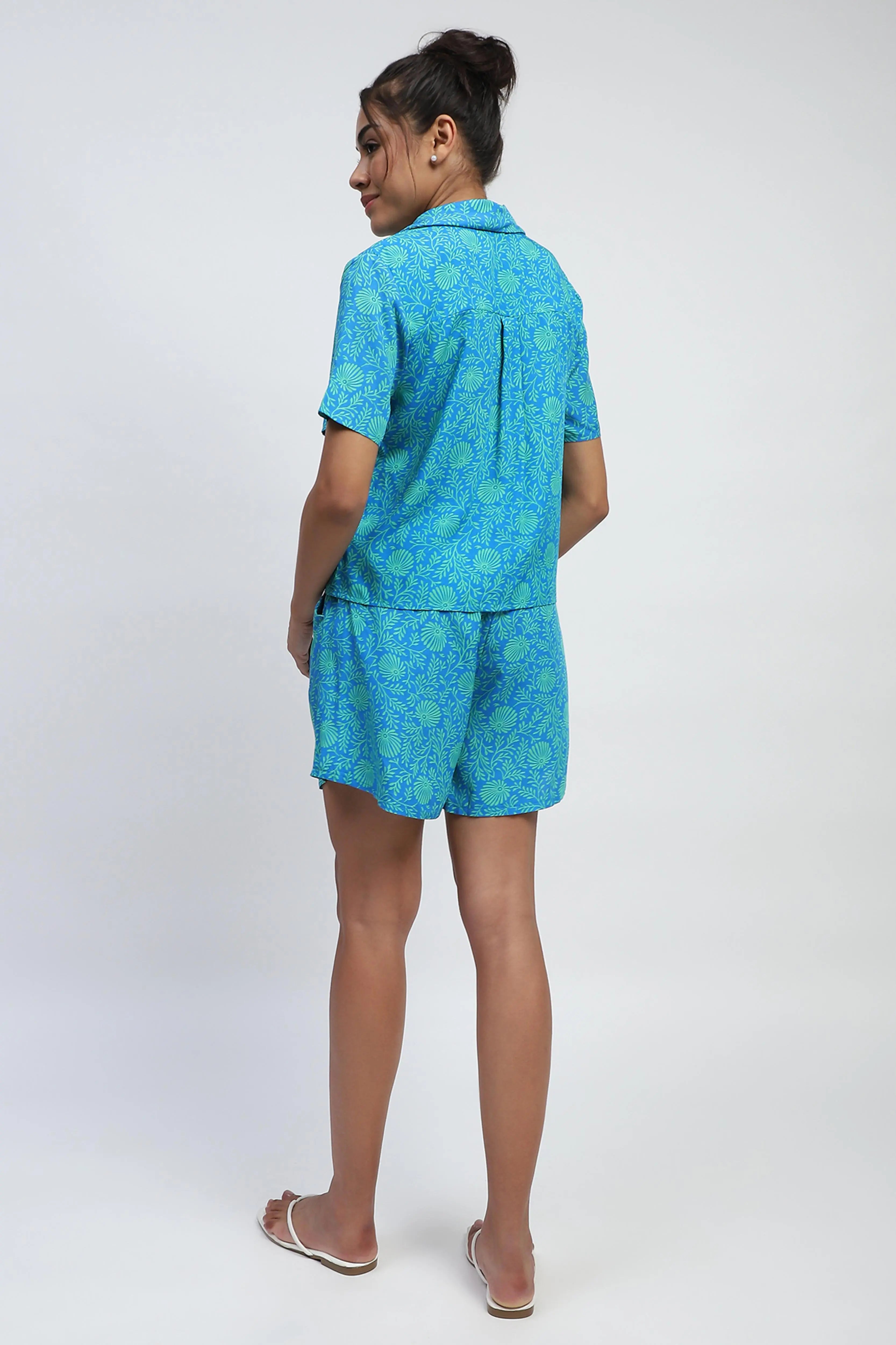 Blue Rayon Floral Print Nightsuit - Global Republic