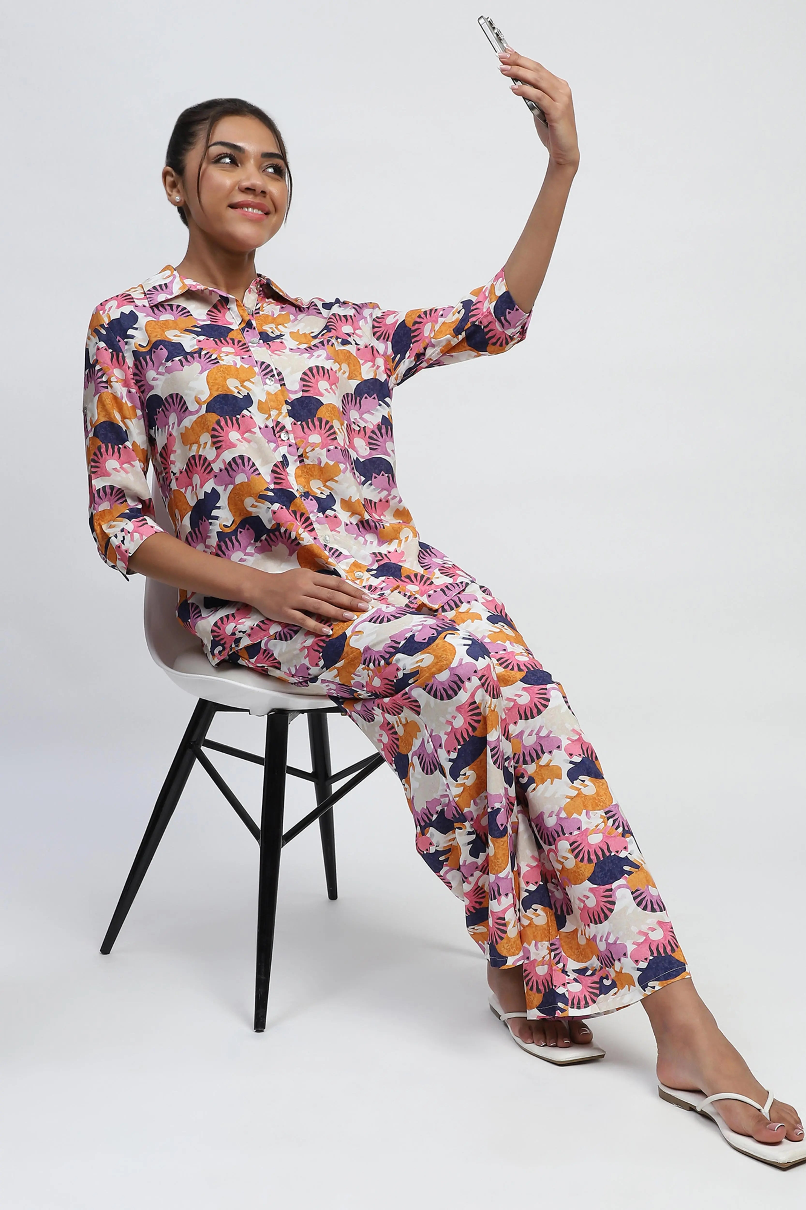 Multicolor Printed Rayon Nightsuit - Global Republic
