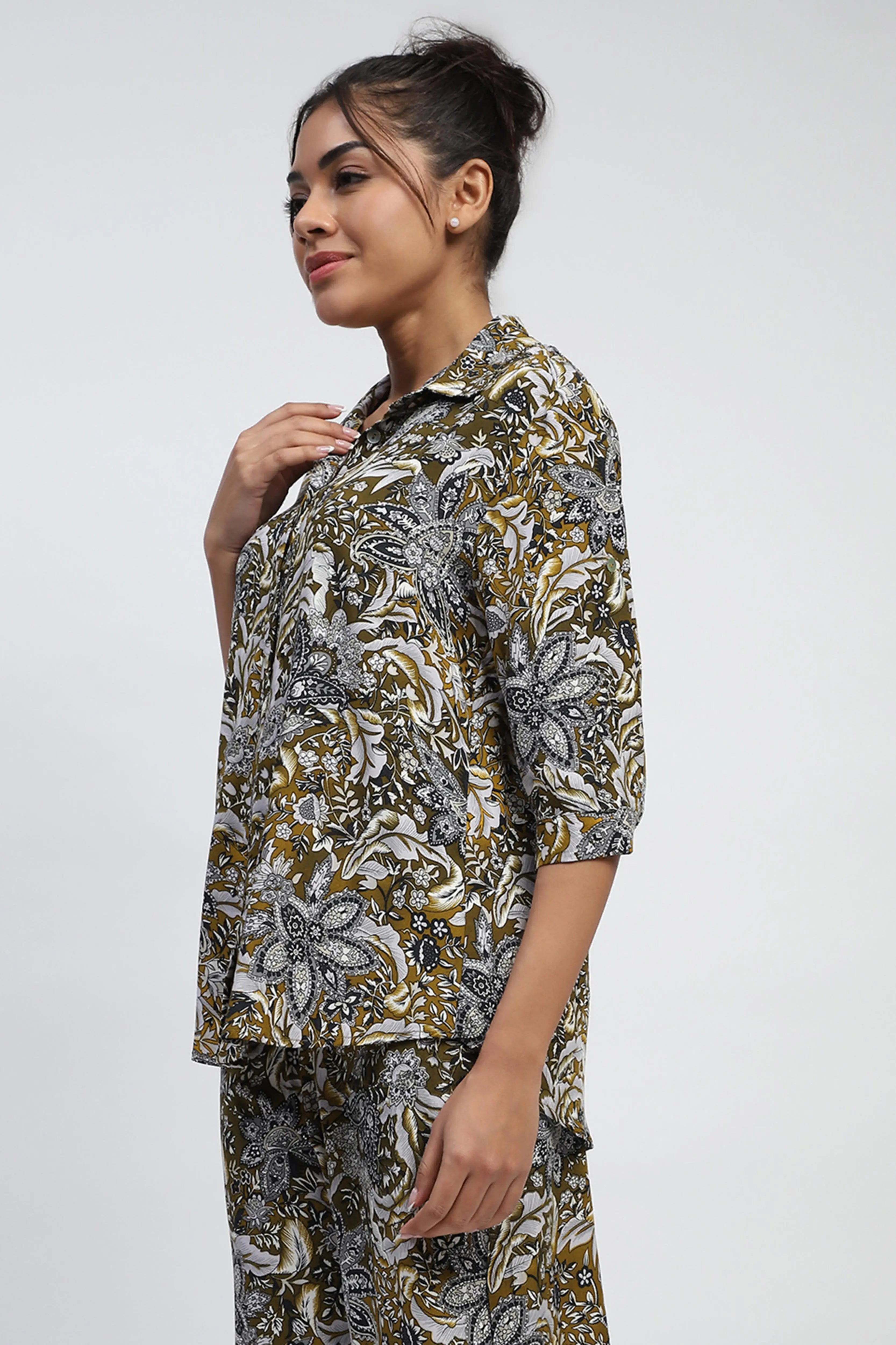Olive Floral Print Rayon Loose Fit Shirt - Global Republic