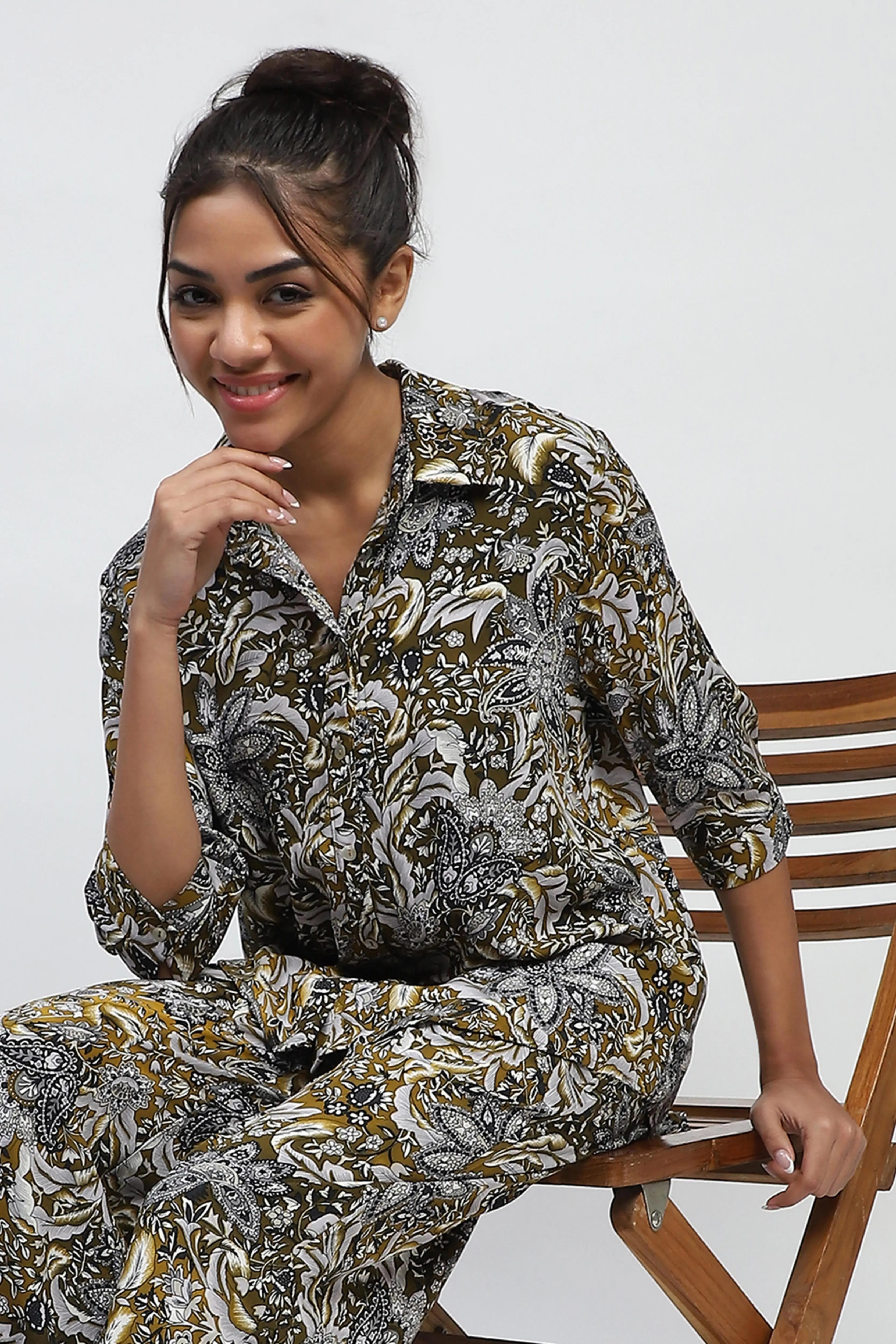 Olive Floral Print Rayon Loose Fit Shirt - Global Republic