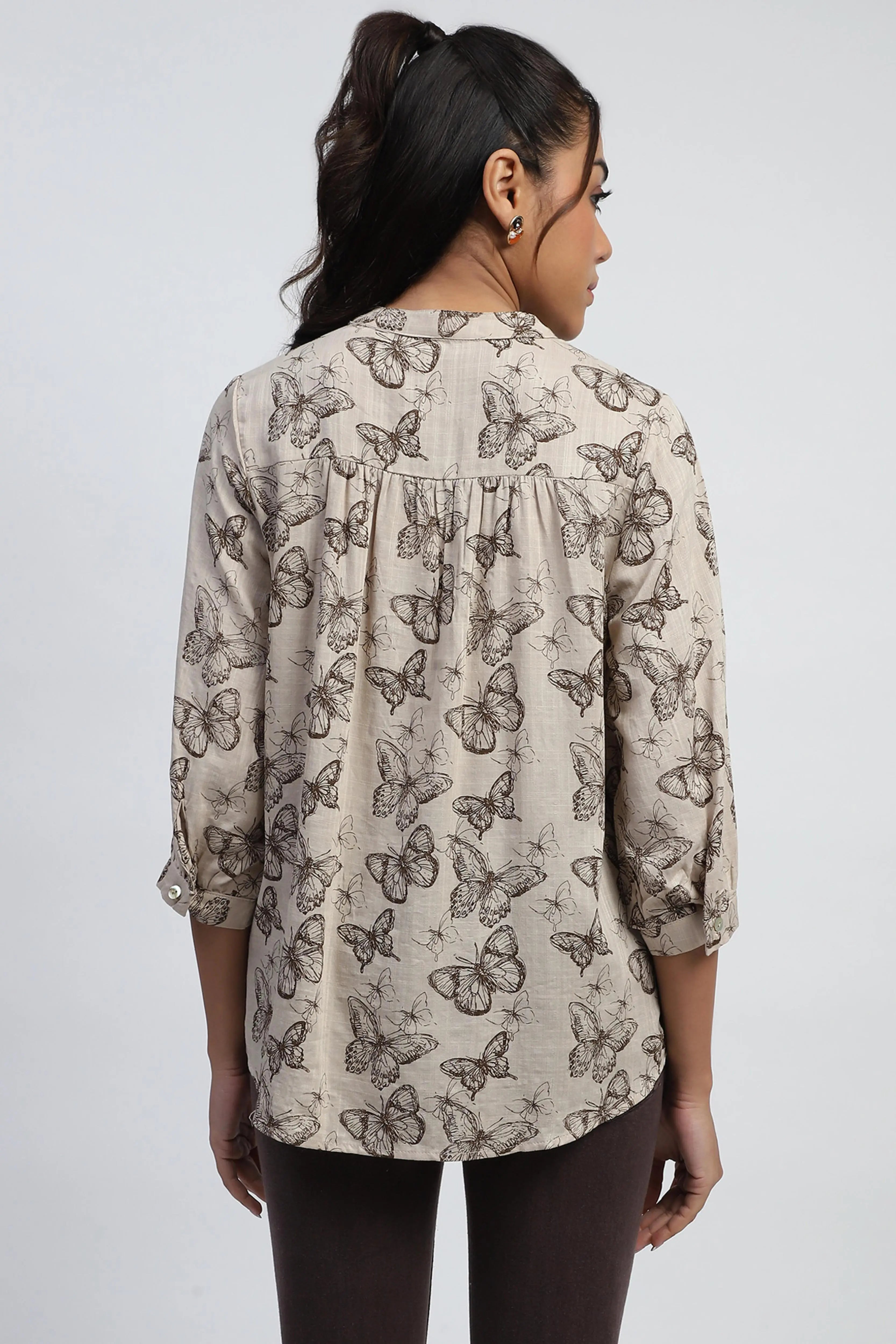 Beige Printed Cotton Blend Top - Global Republic