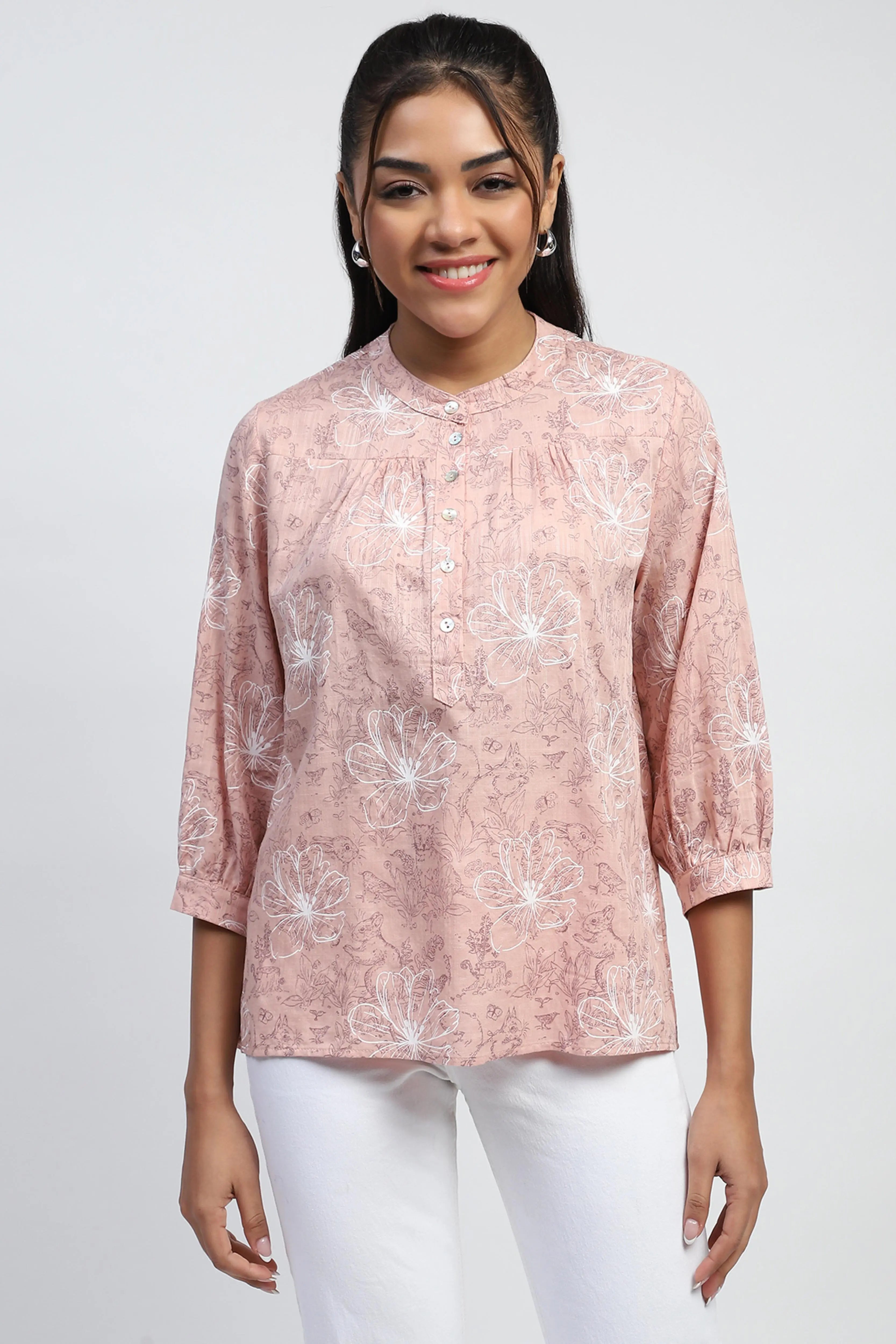 Pink Printed Cotton Blend Top - Global Republic
