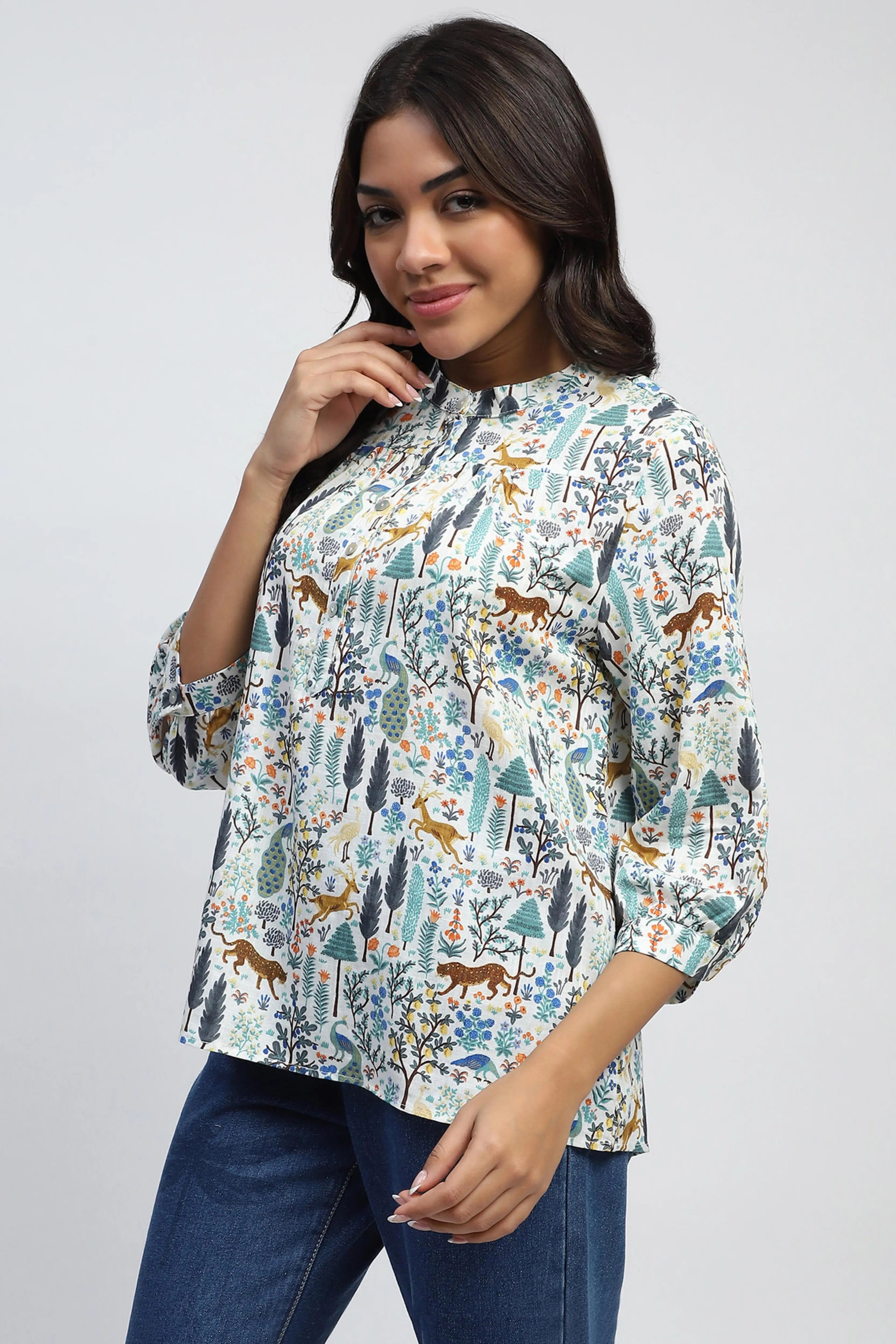 White Printed Cotton Blend Top - Global Republic