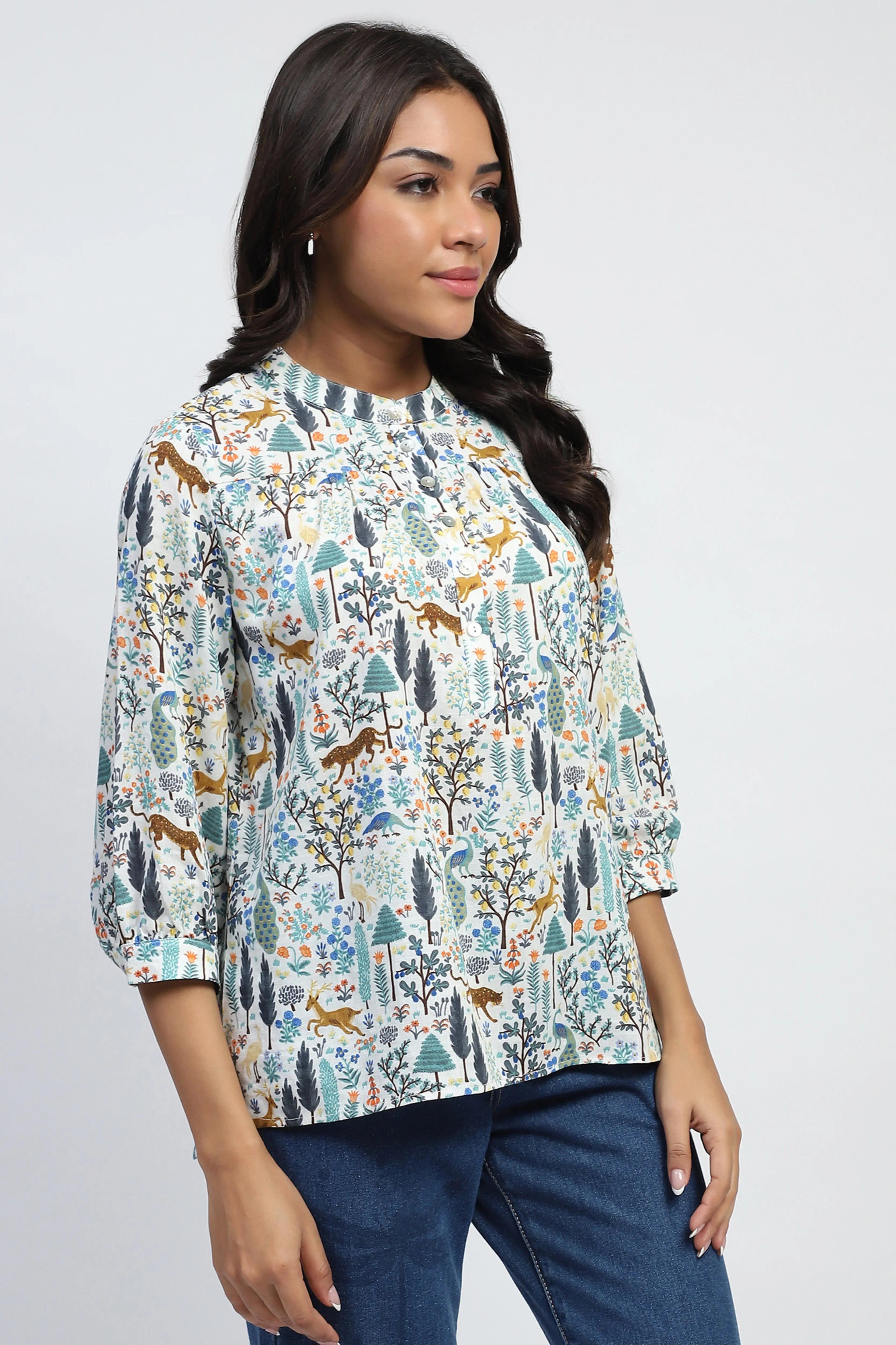 White Printed Cotton Blend Top - Global Republic