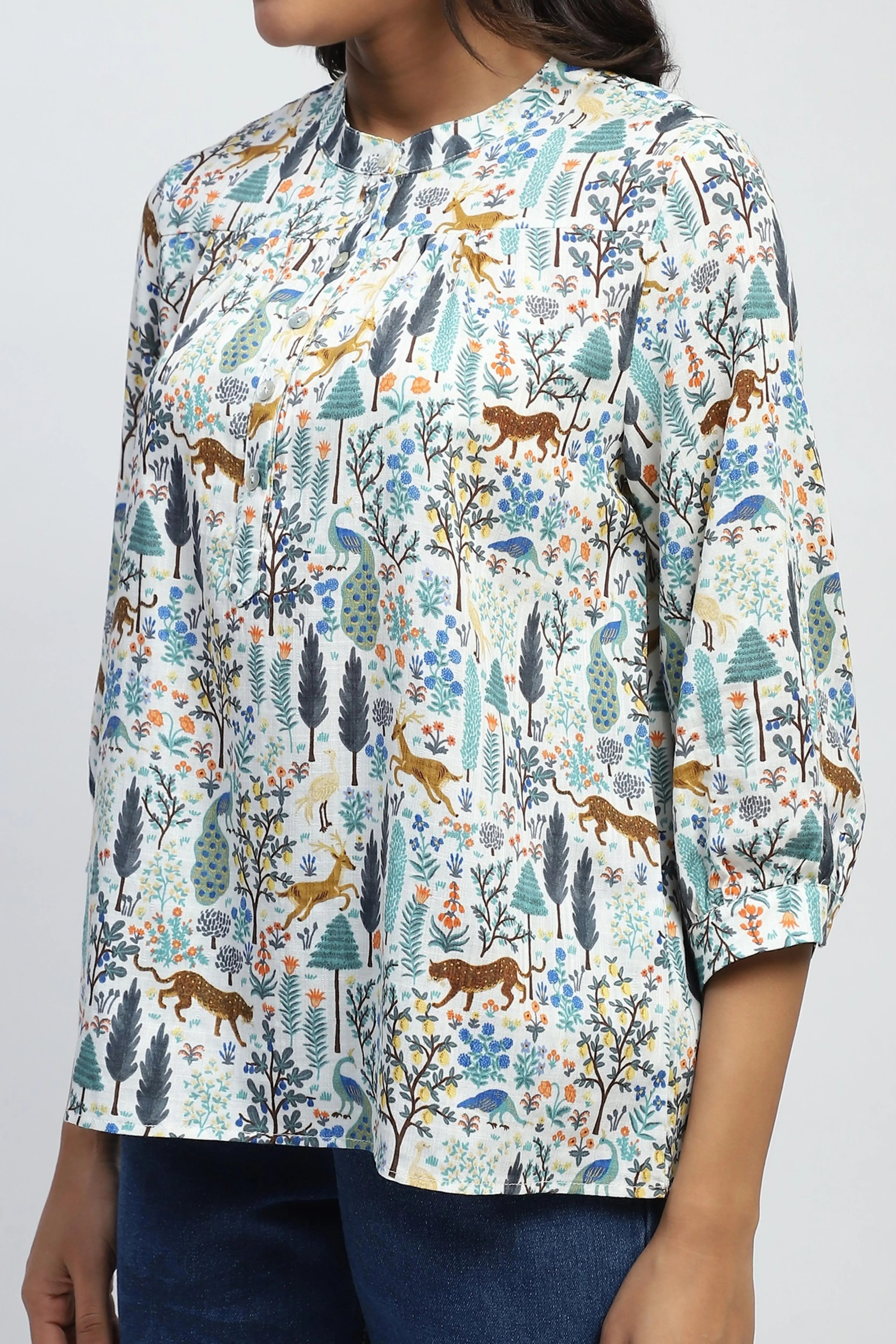 White Printed Cotton Blend Top - Global Republic
