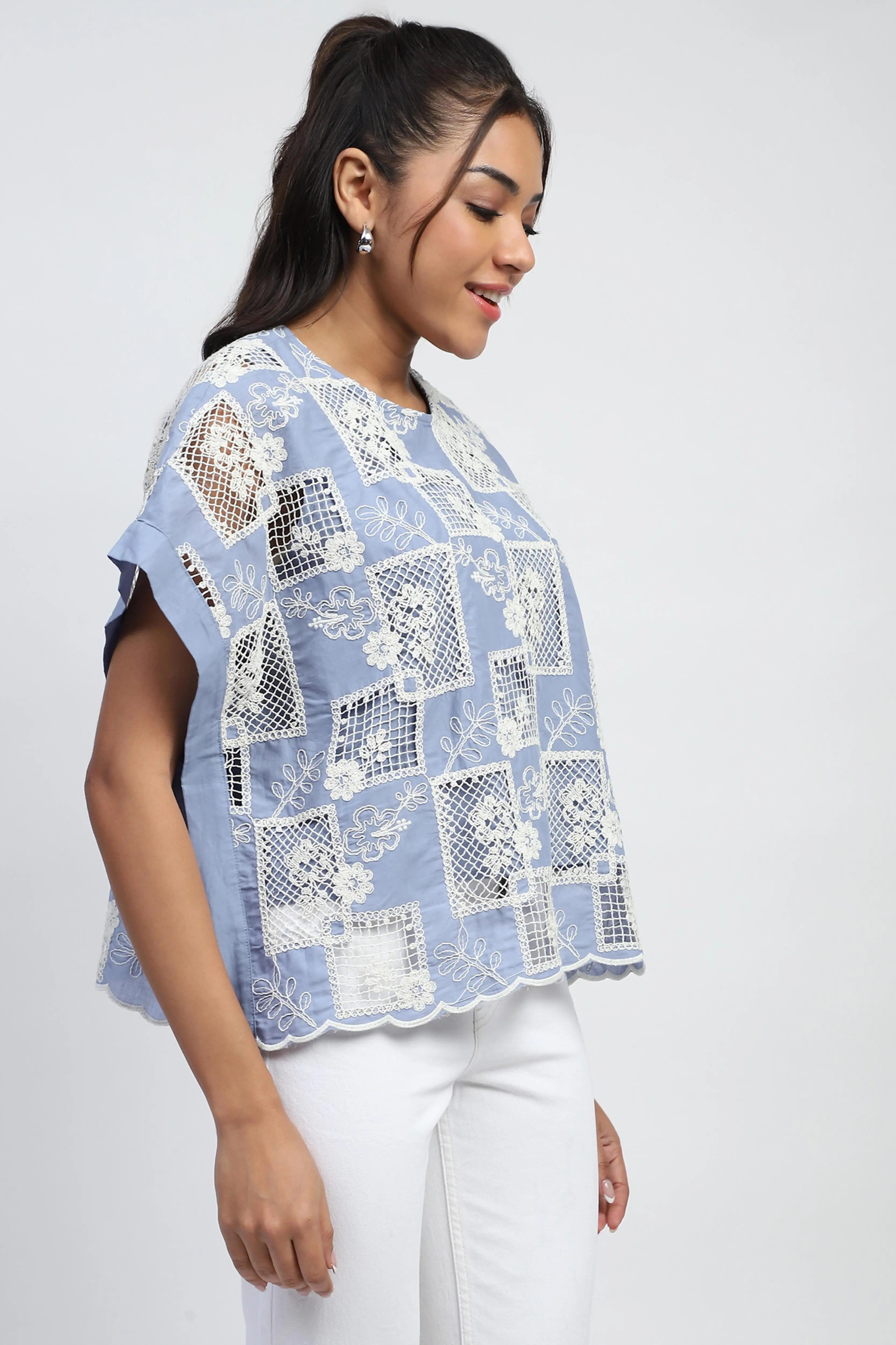 Blue Embroidered Cotton Boxy Blouse - Global Republic