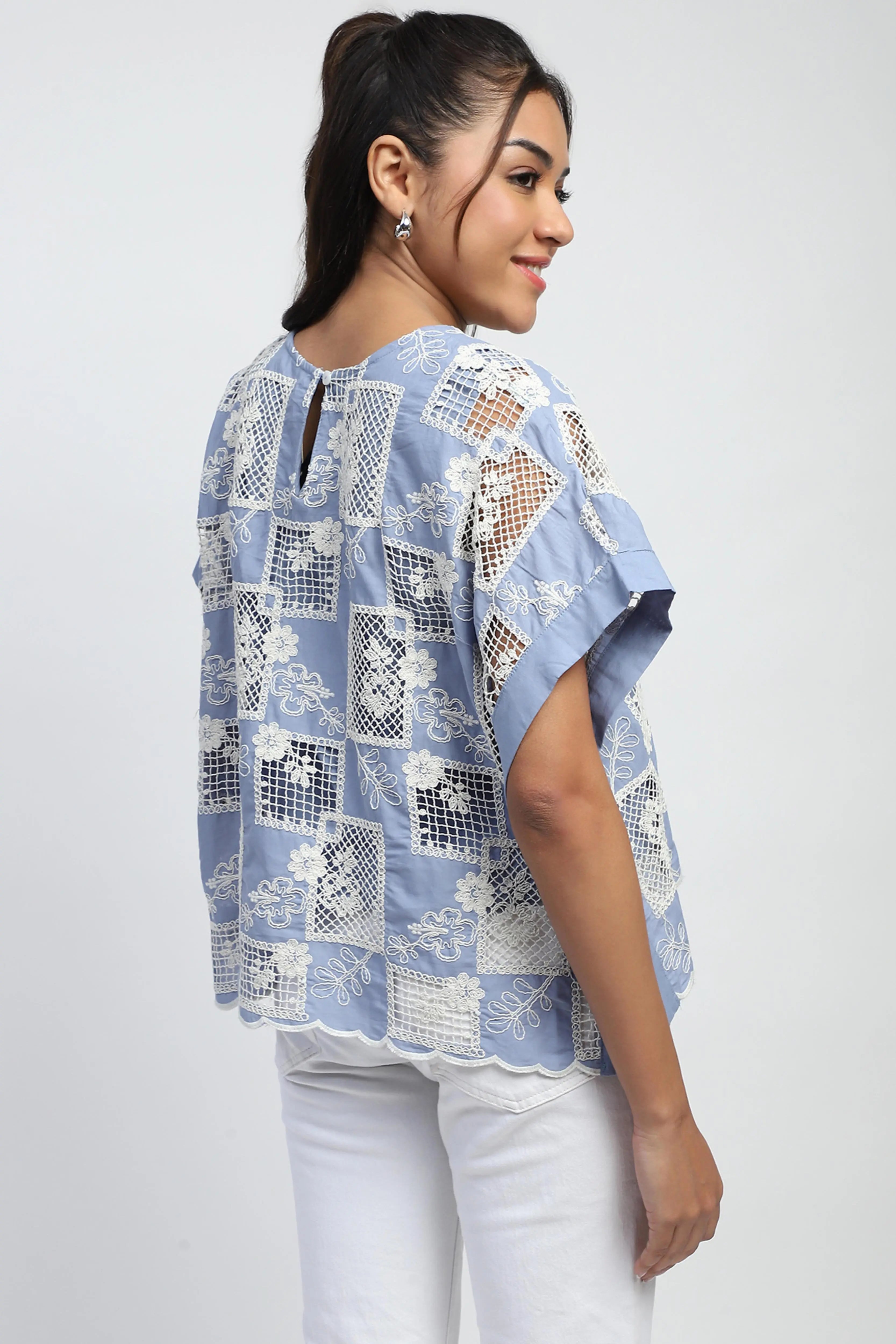 Blue Embroidered Cotton Boxy Blouse - Global Republic