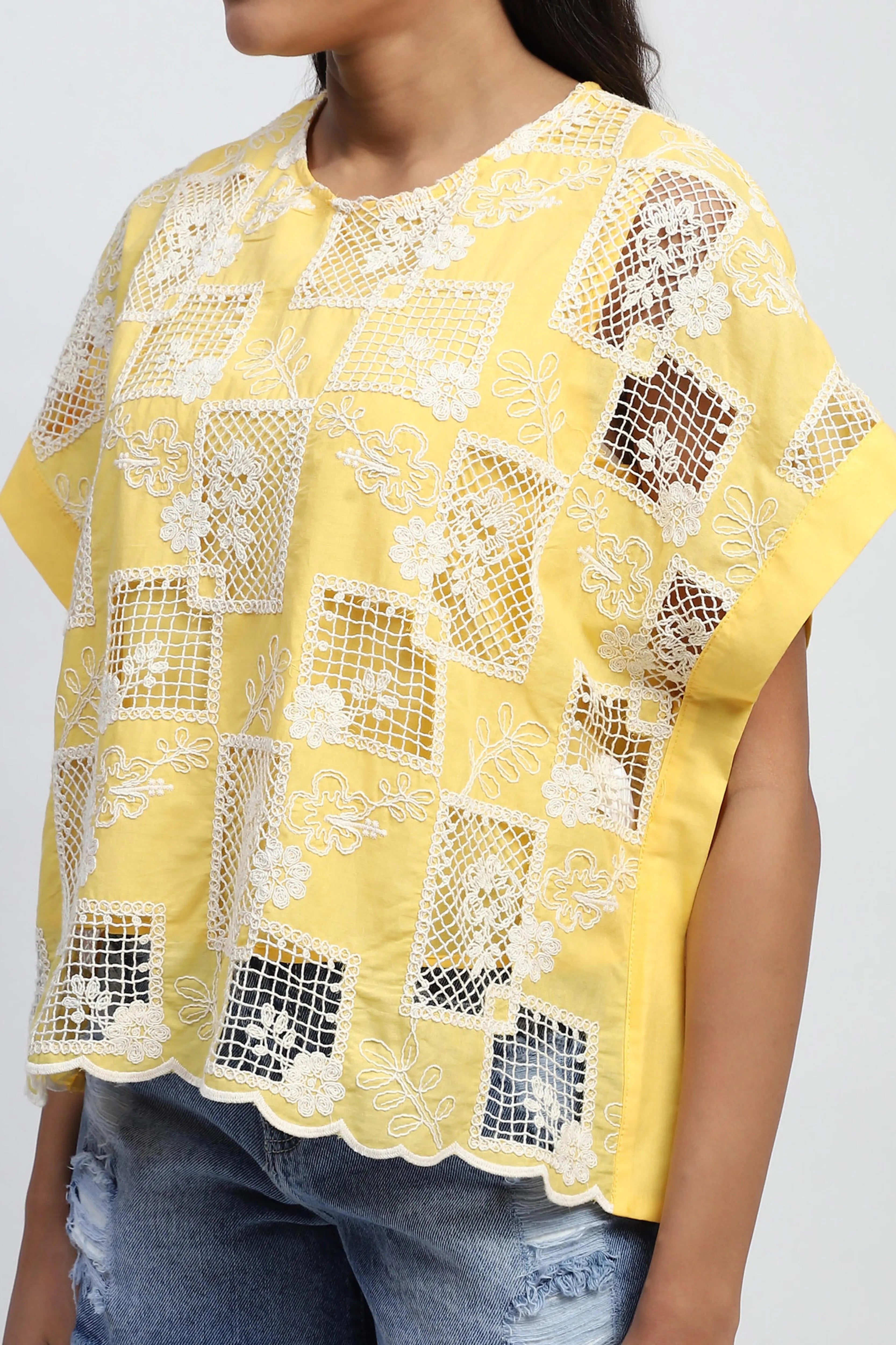 Yellow Embroidered Cotton Boxy Blouse - Global Republic