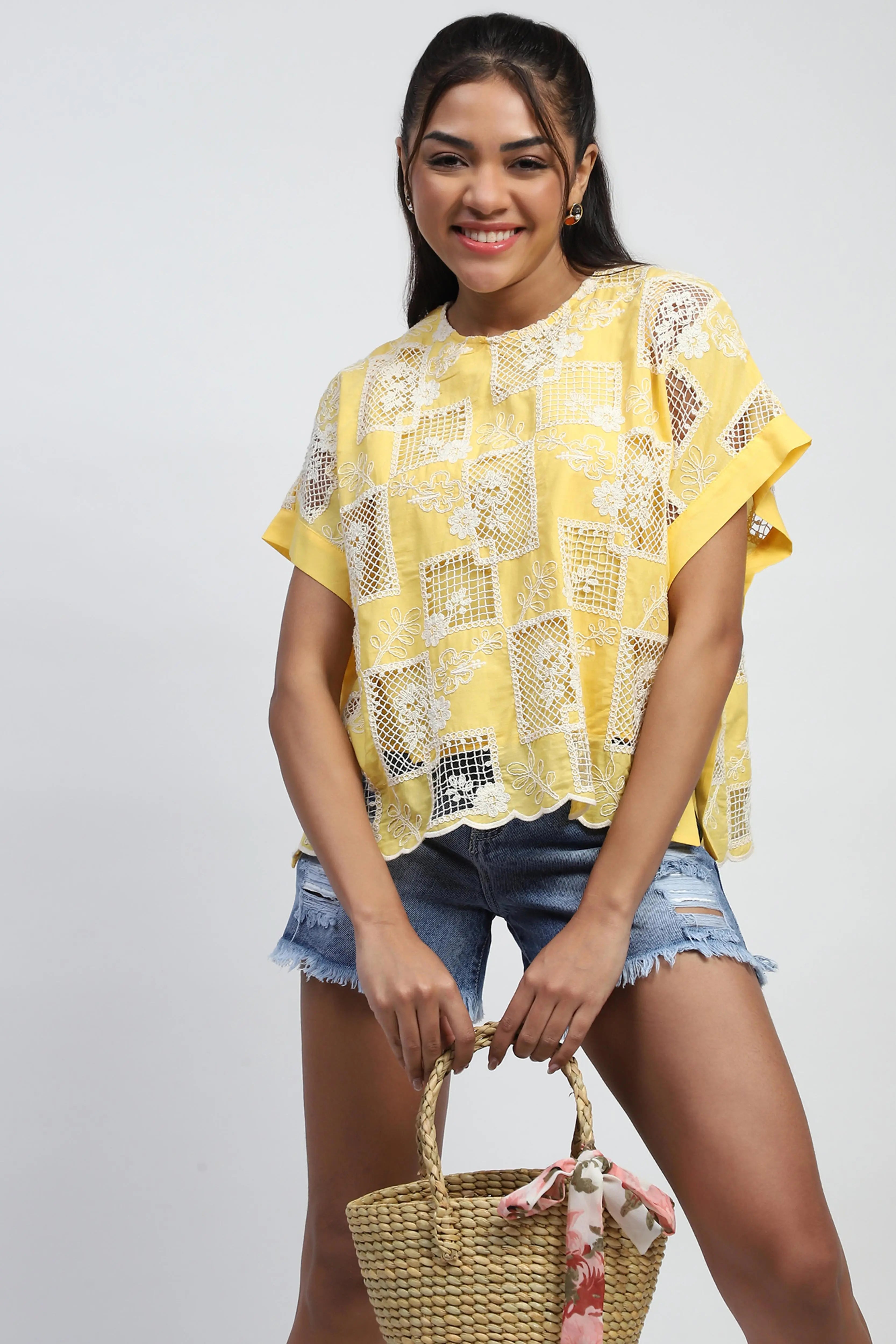 Yellow Embroidered Cotton Boxy Blouse - Global Republic