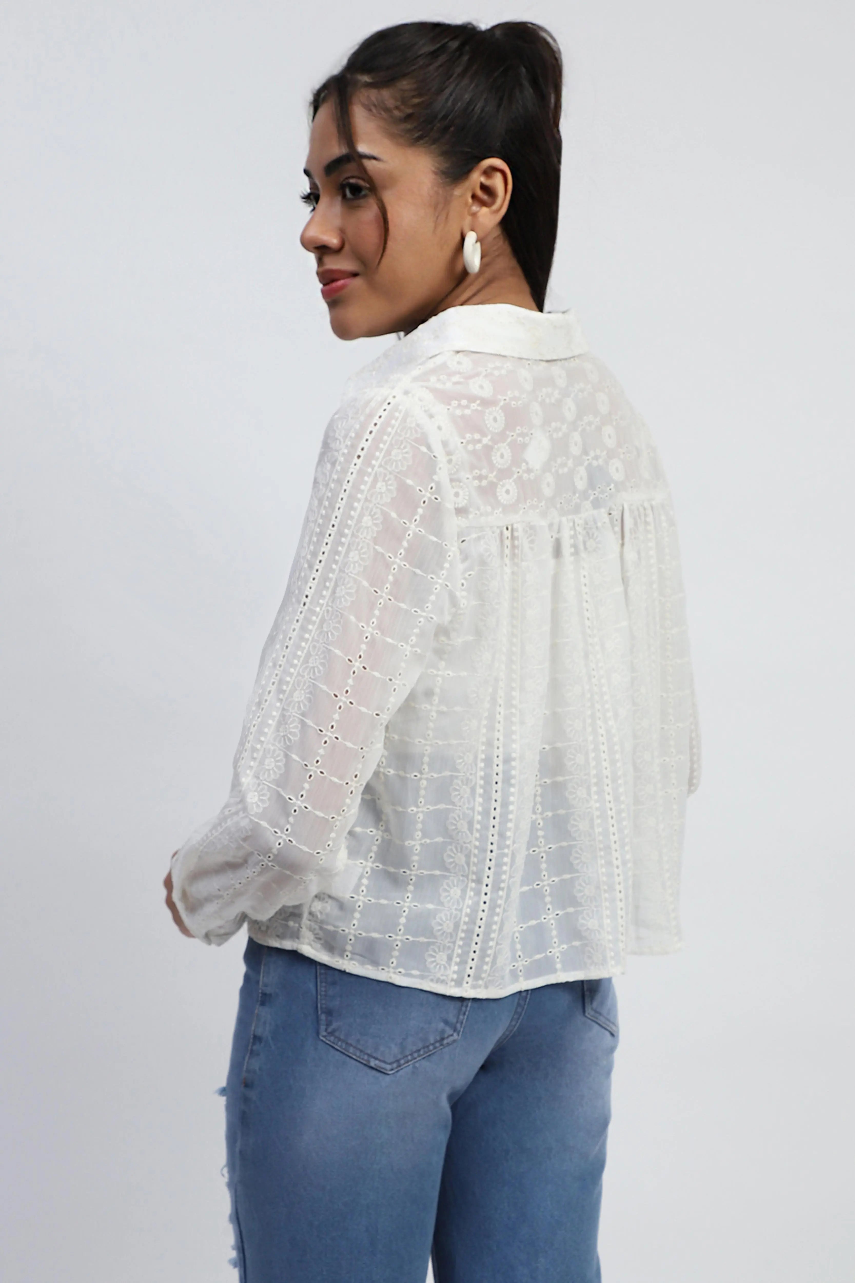 Cream Schiffli Embroidered Chiffon Top - Global Republic