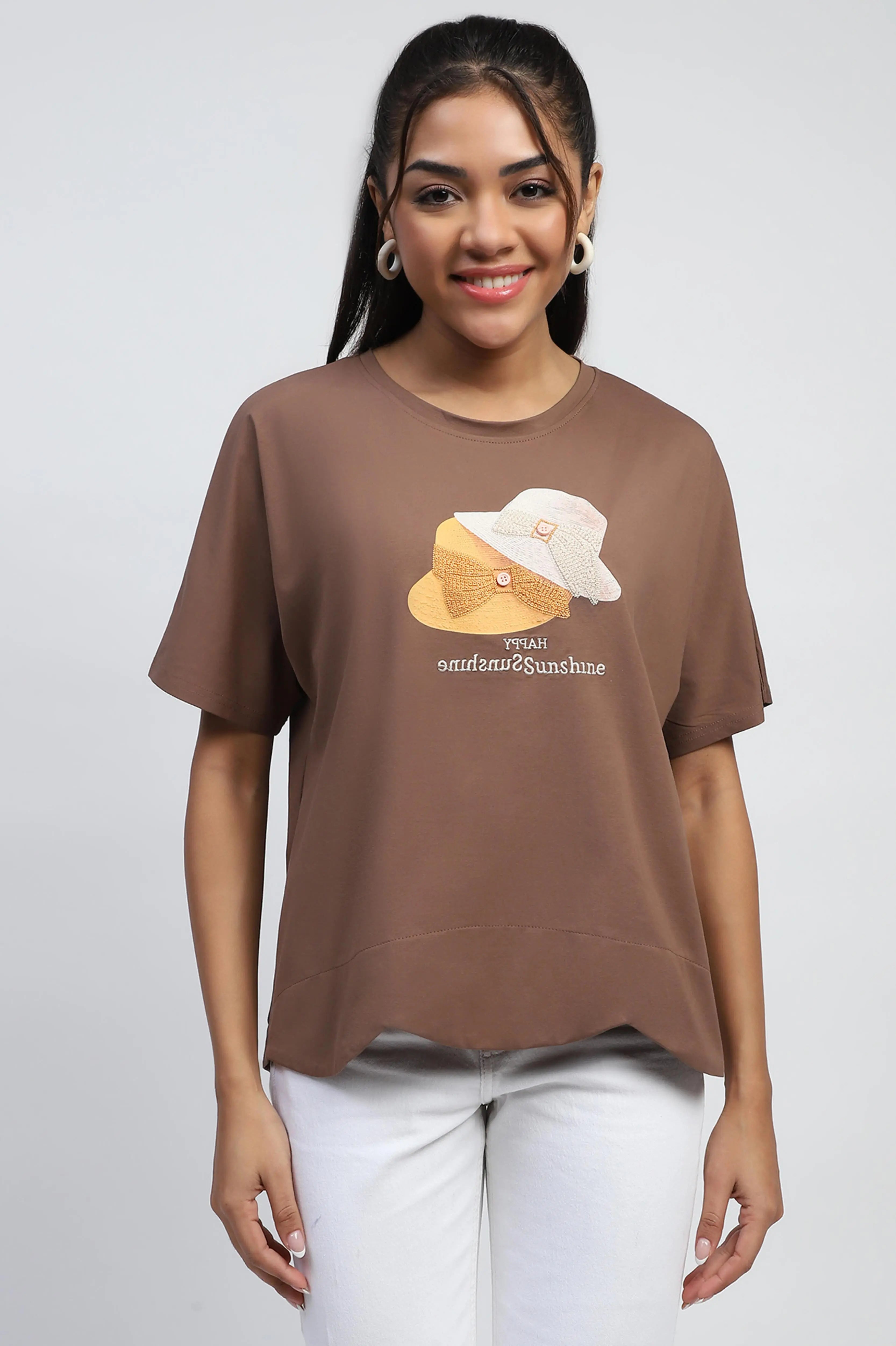 Brown Cotton Embroidered Boxy Top - Global Republic