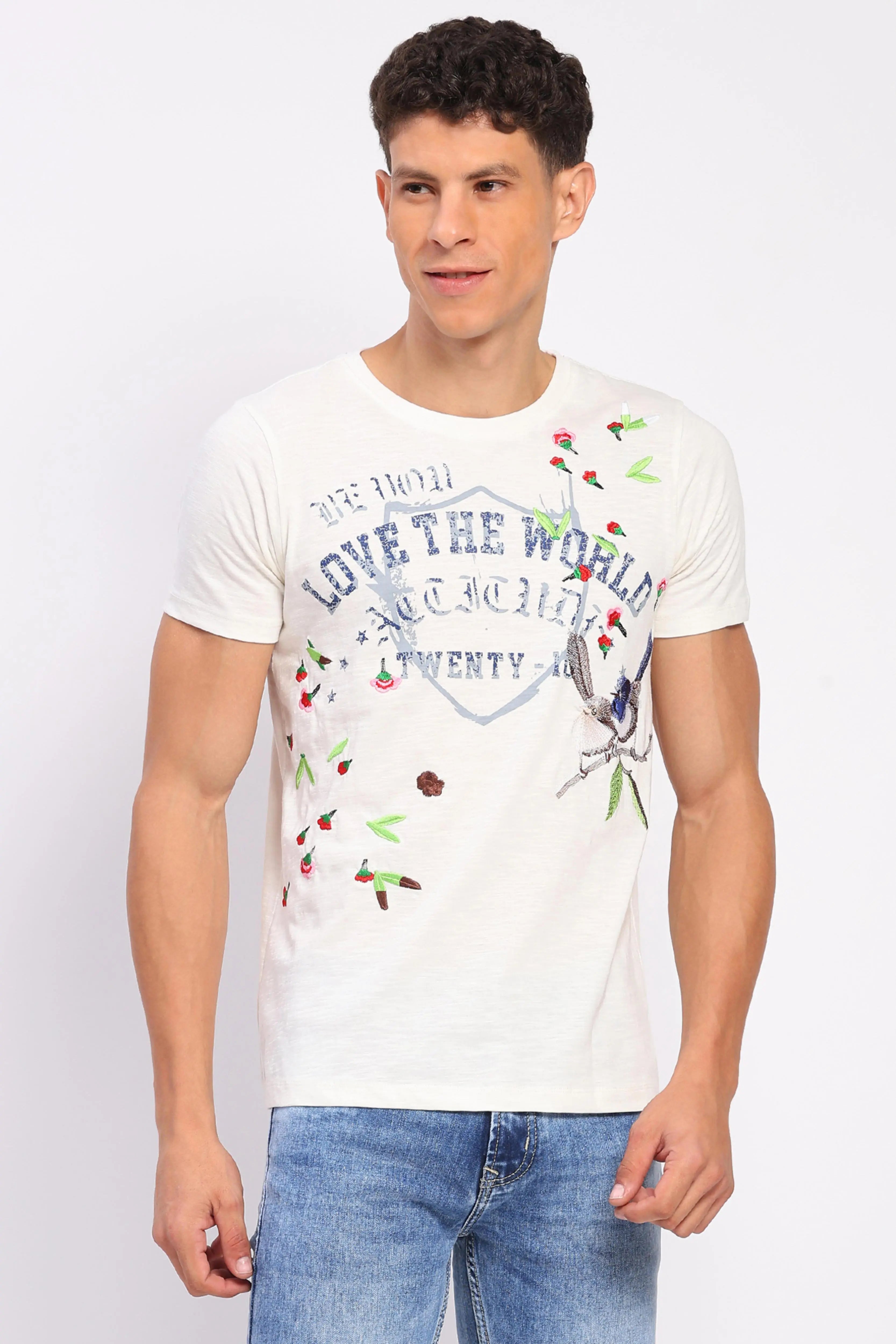 White Cotton Typographic Print & Embroidered T-Shirt - Global Republic