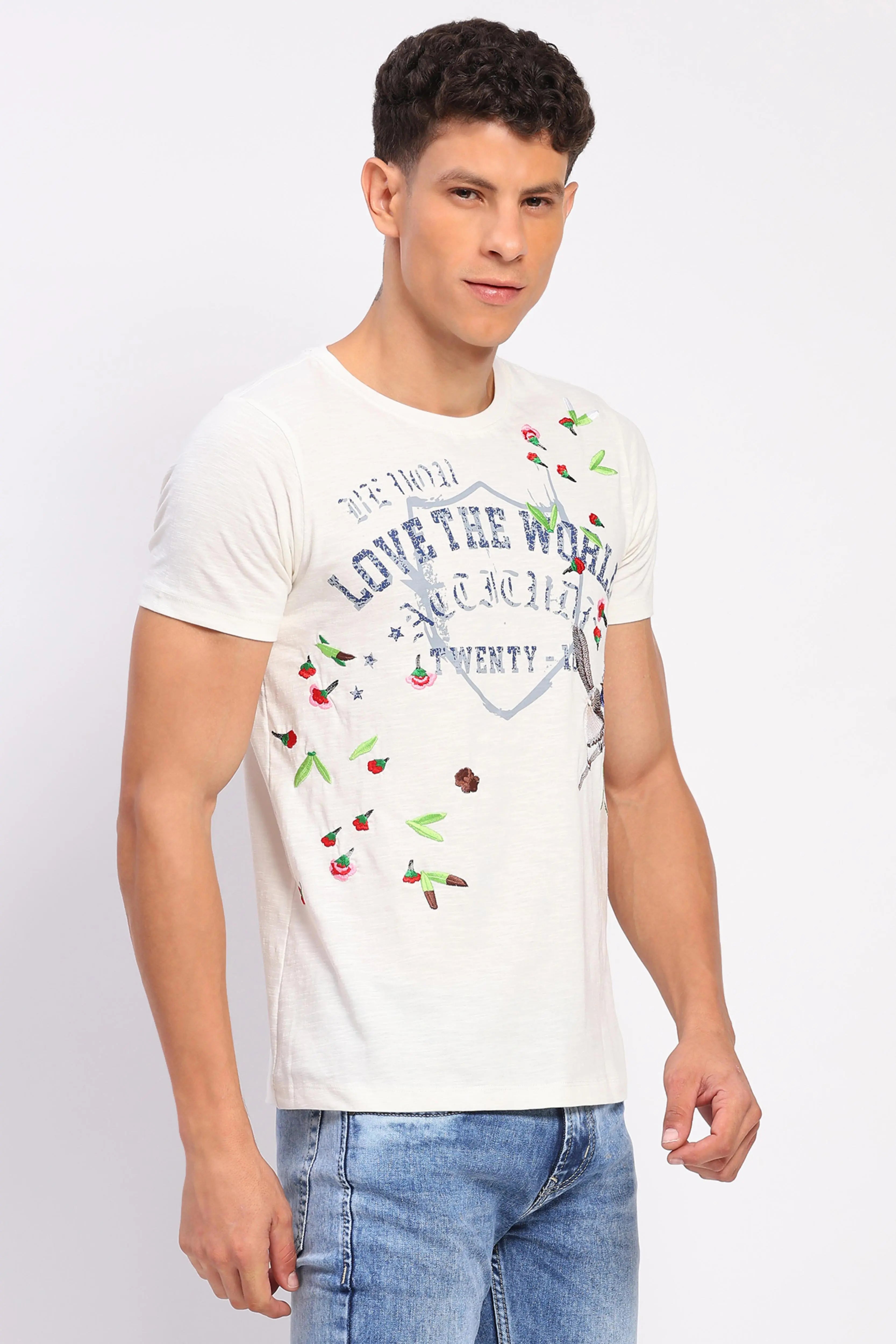 White Cotton Typographic Print & Embroidered T-Shirt - Global Republic
