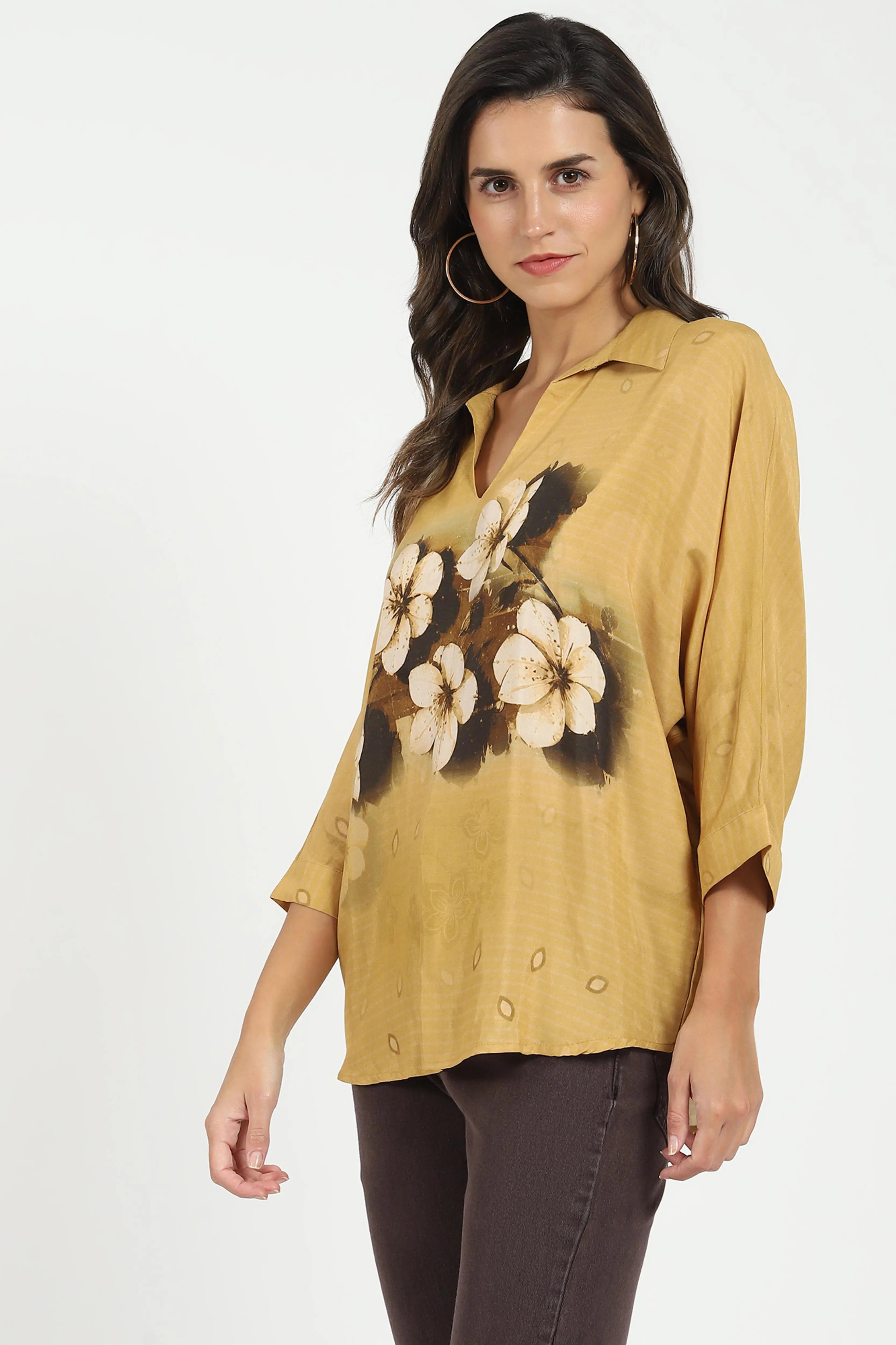 Mustard Viscose Floral Loose Top - Global Republic