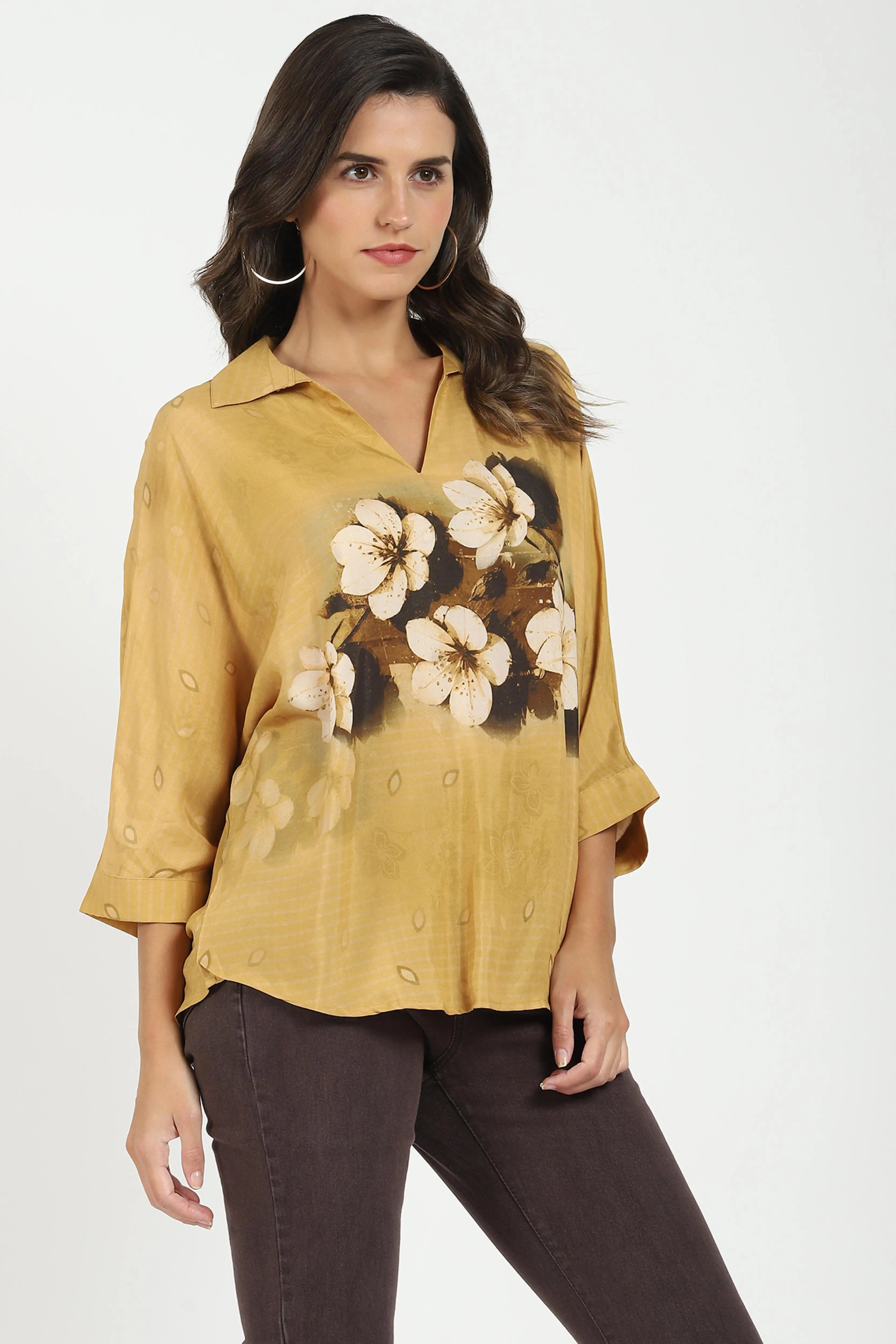 Mustard Viscose Floral Loose Top - Global Republic