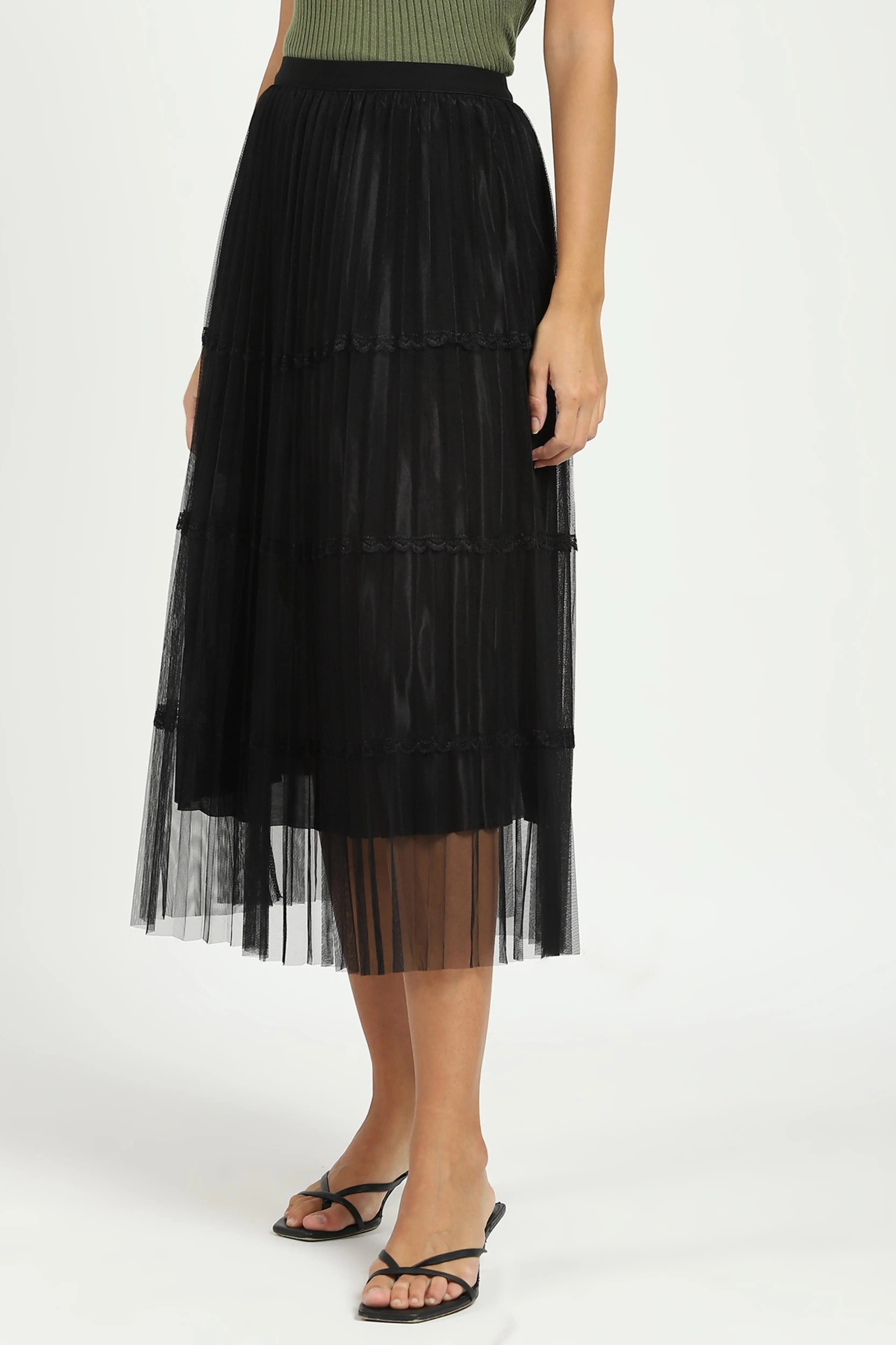 Black Pleated Net Skirt - Global Republic