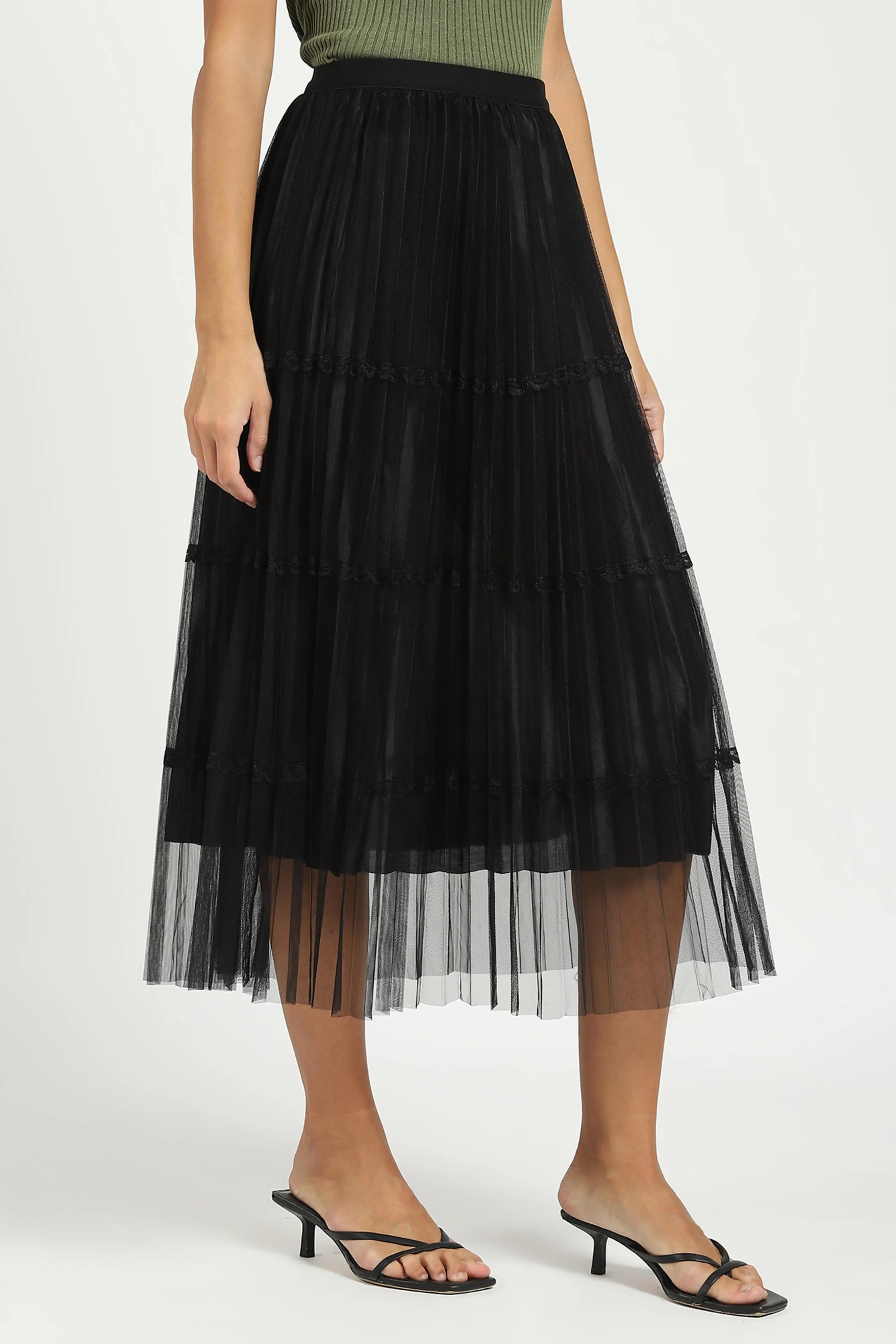 Black Pleated Net Skirt - Global Republic