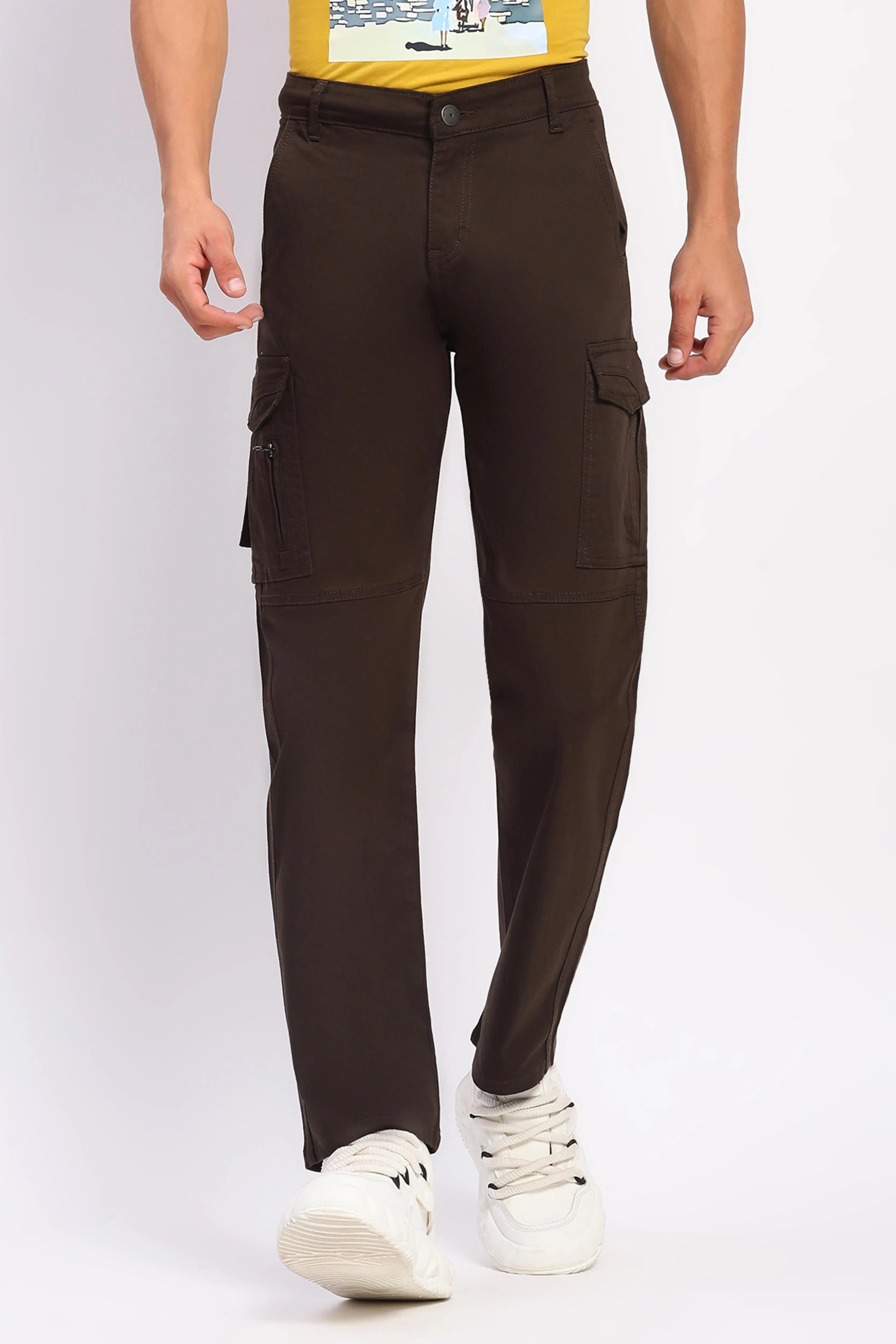 Brown Cotton Blend Regular Fit Cargo - Global Republic