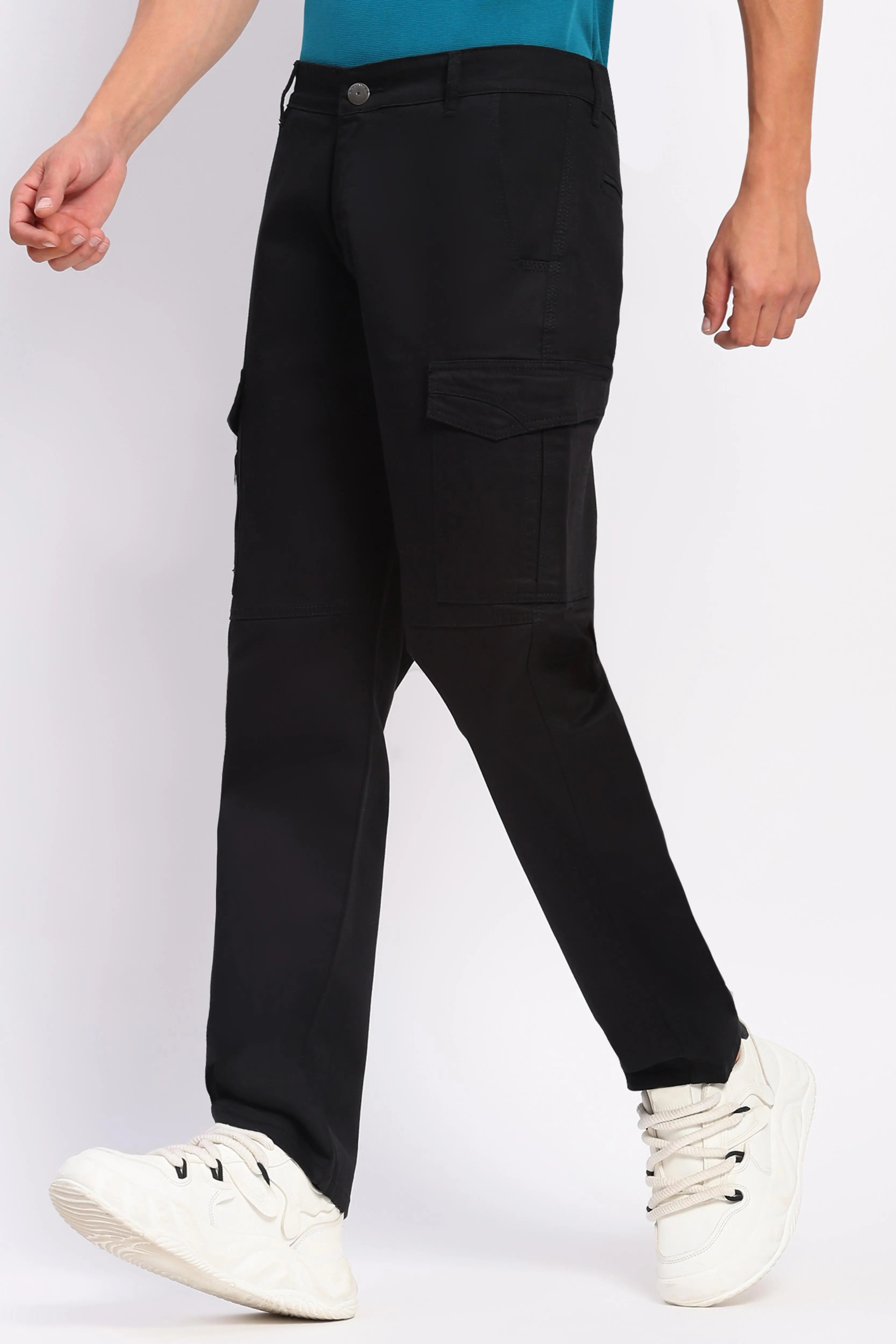 Black Cotton Blend Regular Fit Cargo - Global Republic