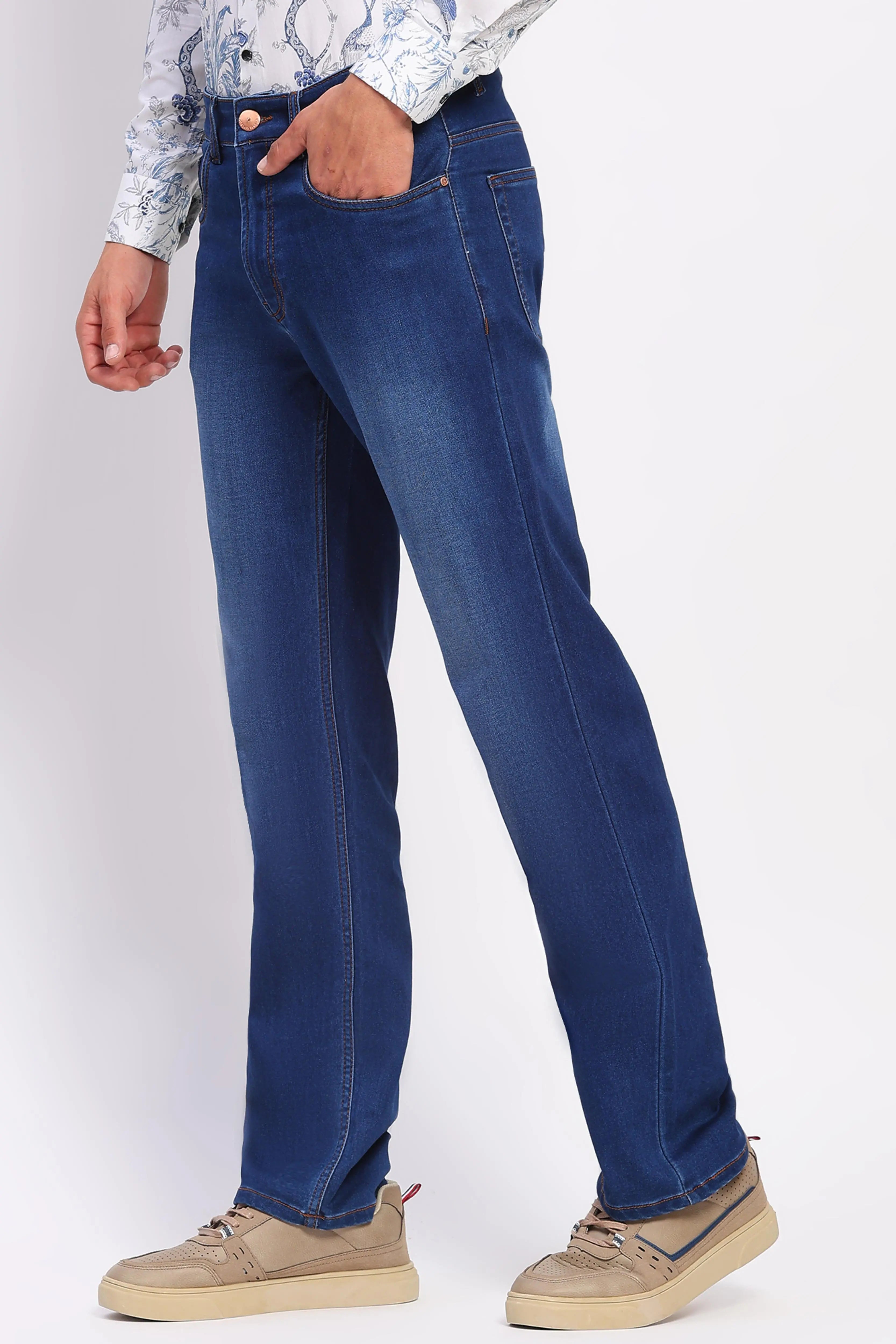 Stretchable Dark Blue Cotton Blend Jeans - Global Republic