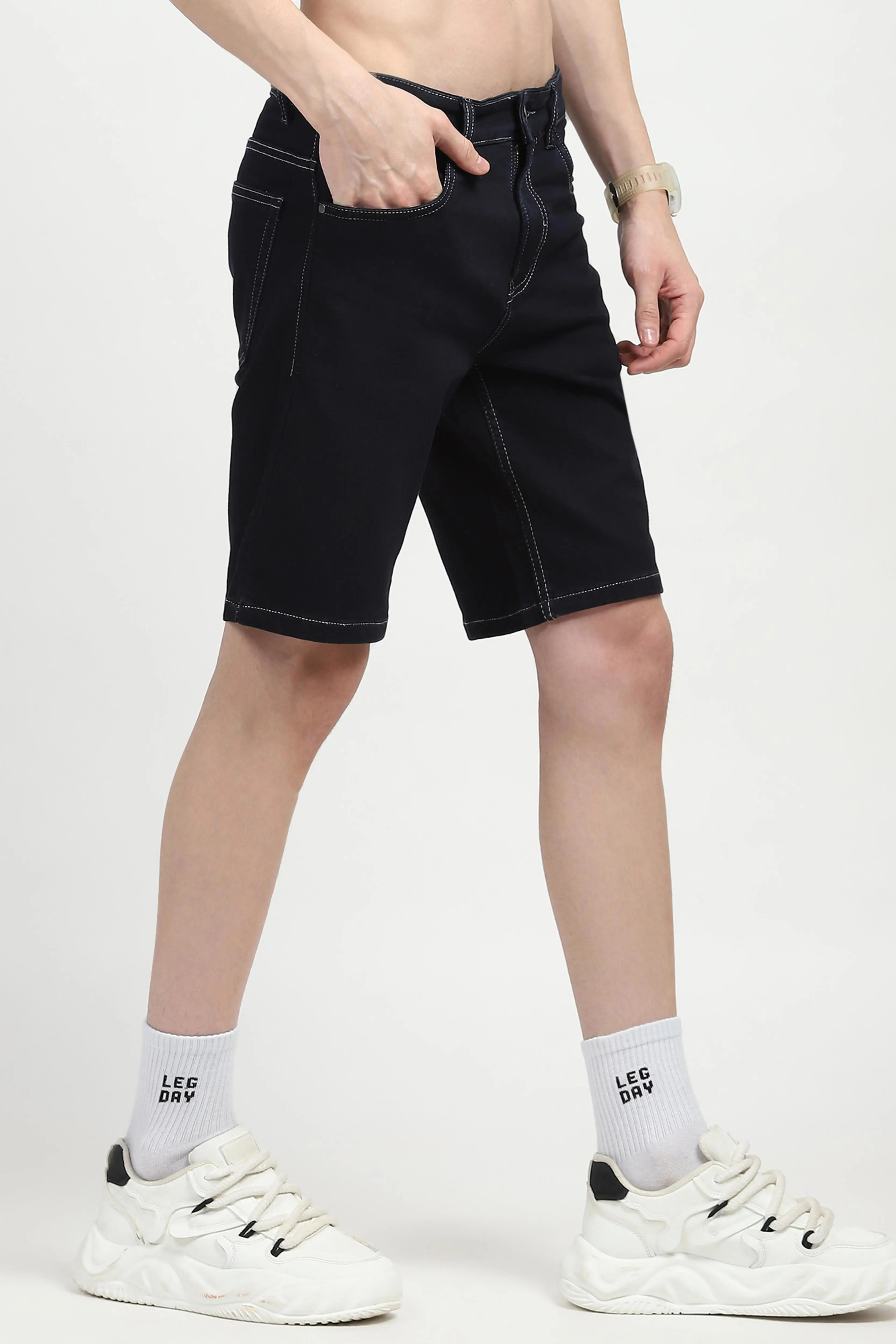 Navy Blue Cotton Denim Shorts - Global Republic