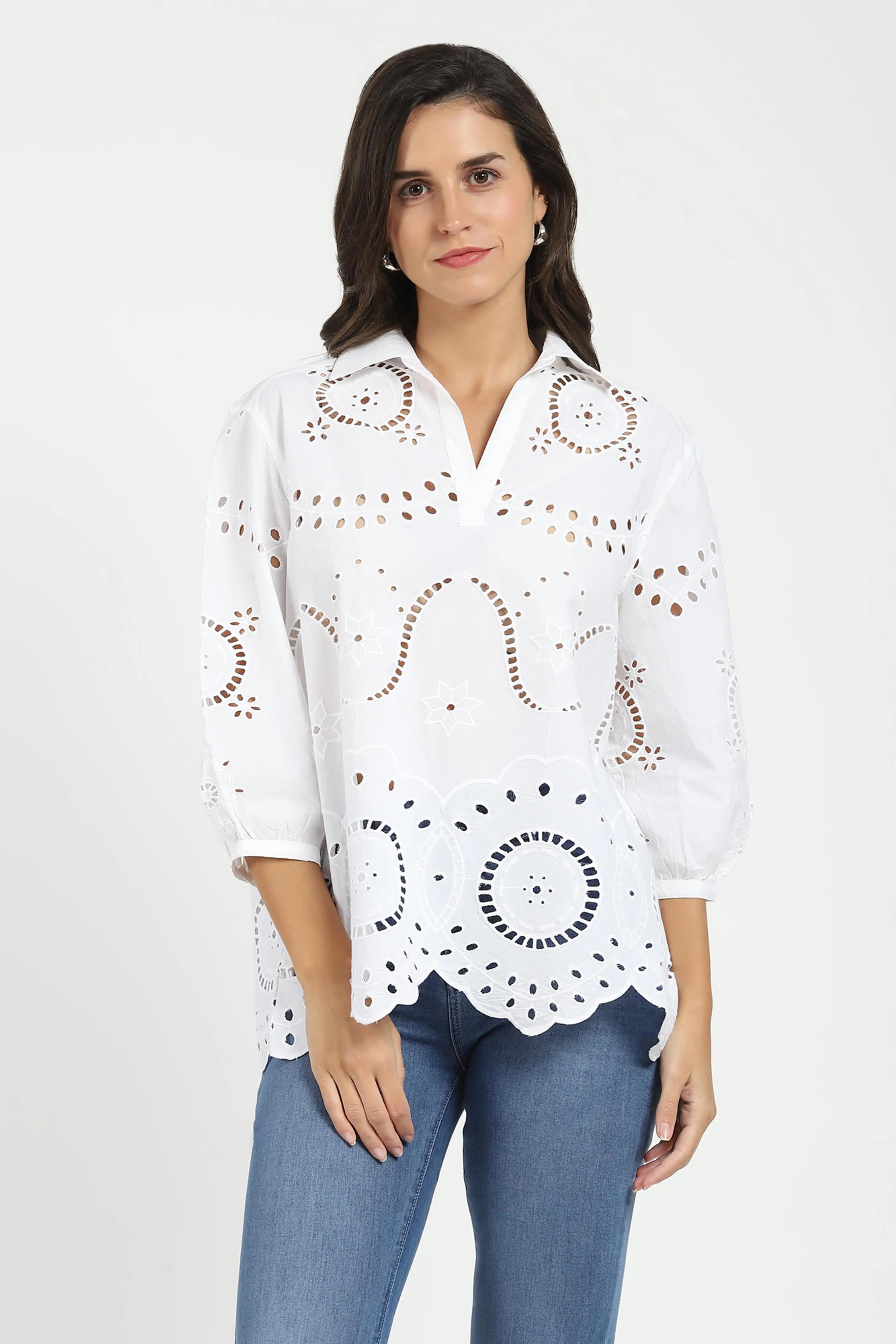 White Embroidered Schiffli Cotton Top - Global Republic