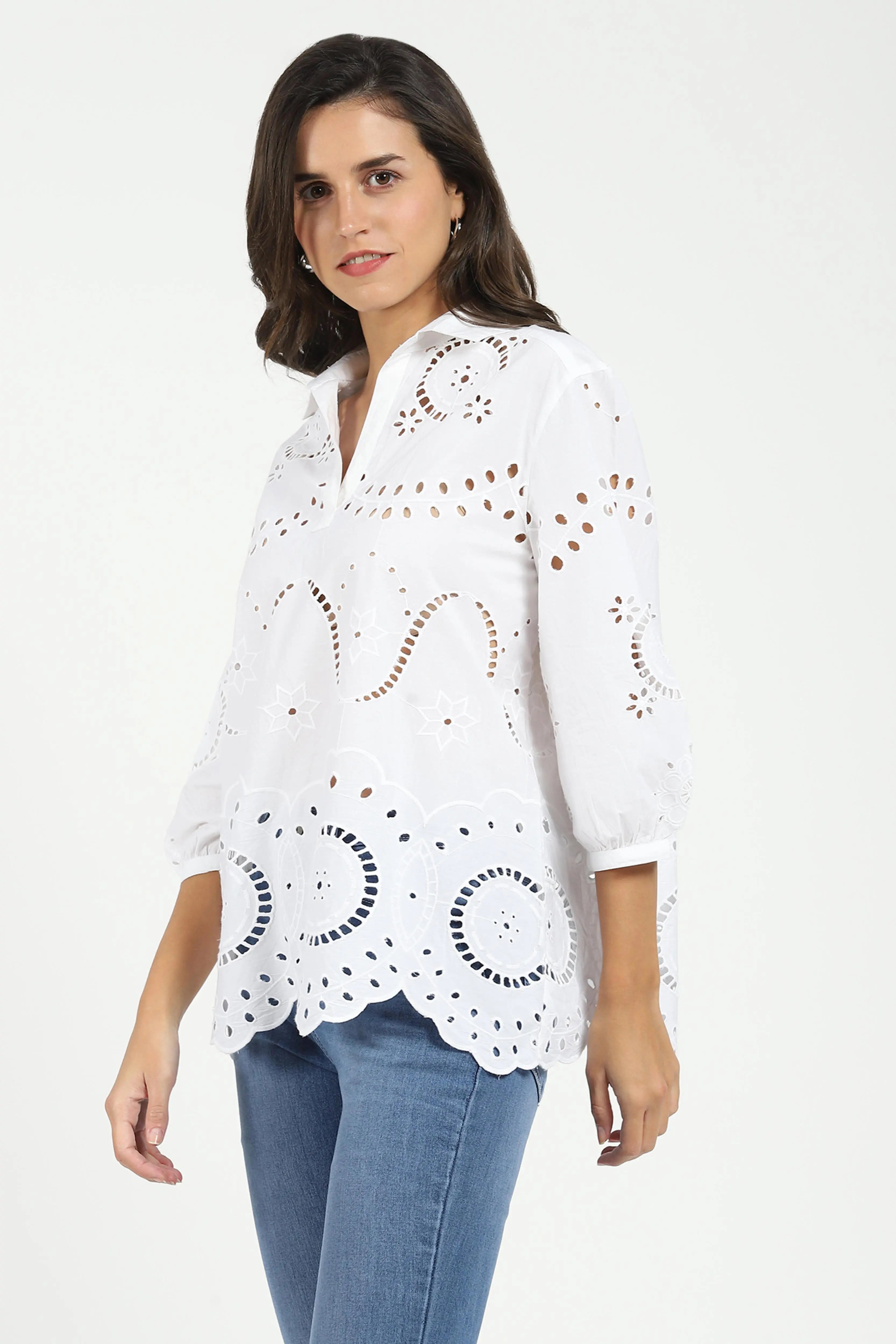 White Embroidered Schiffli Cotton Top - Global Republic