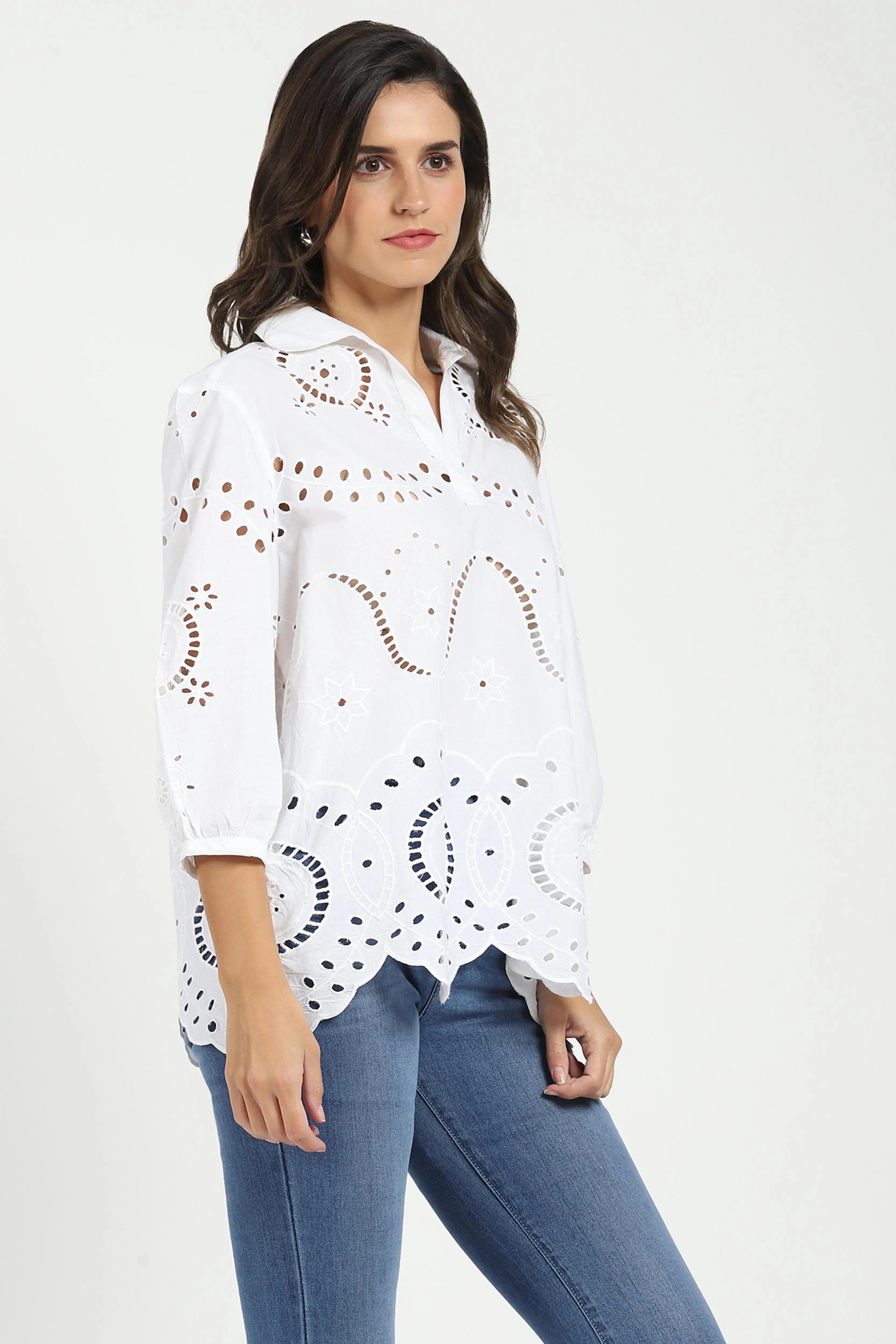 White Embroidered Schiffli Cotton Top - Global Republic