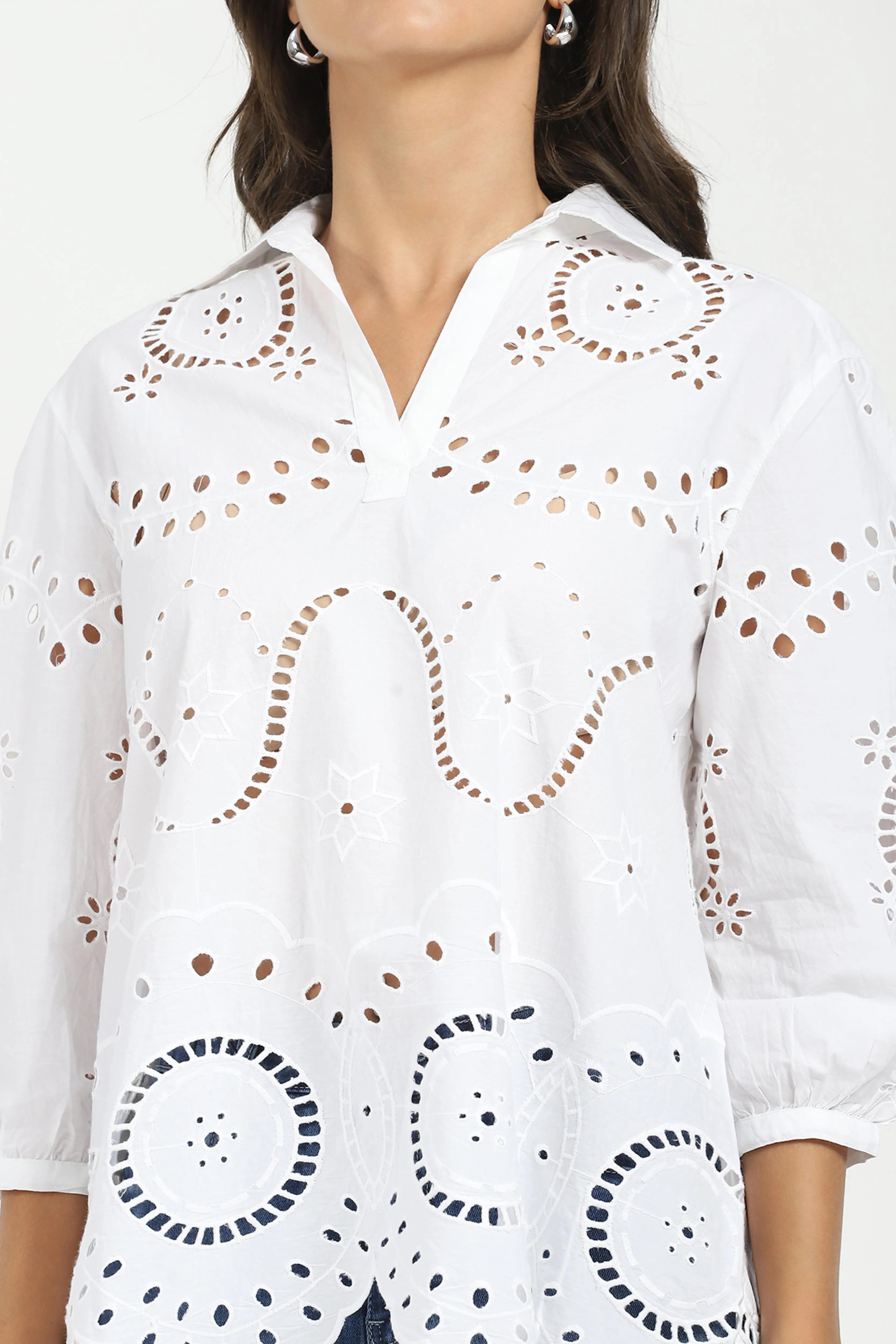 White Embroidered Schiffli Cotton Top - Global Republic