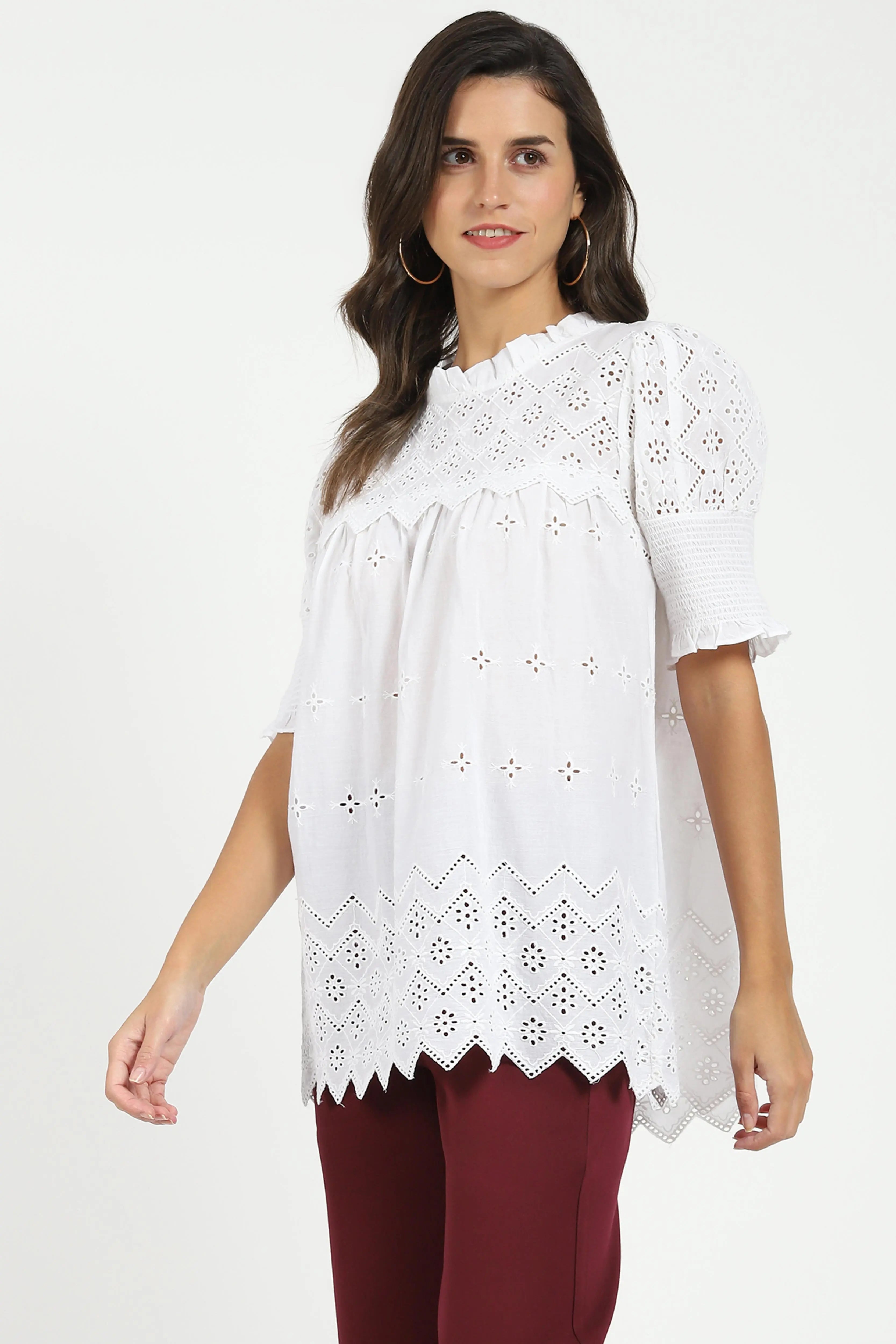 White Embroidered  Schiffli Top - Global Republic
