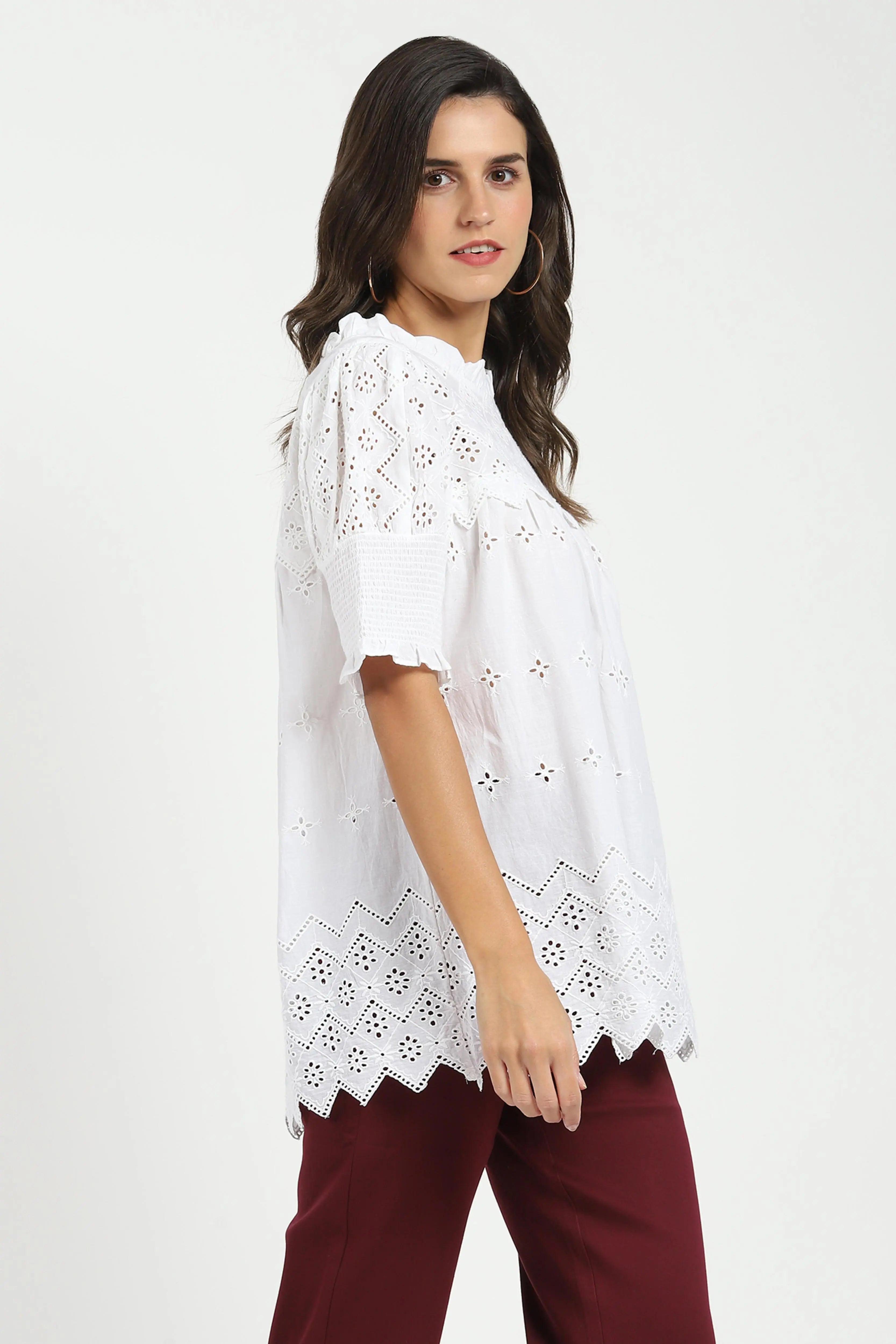 White Embroidered  Schiffli Top - Global Republic