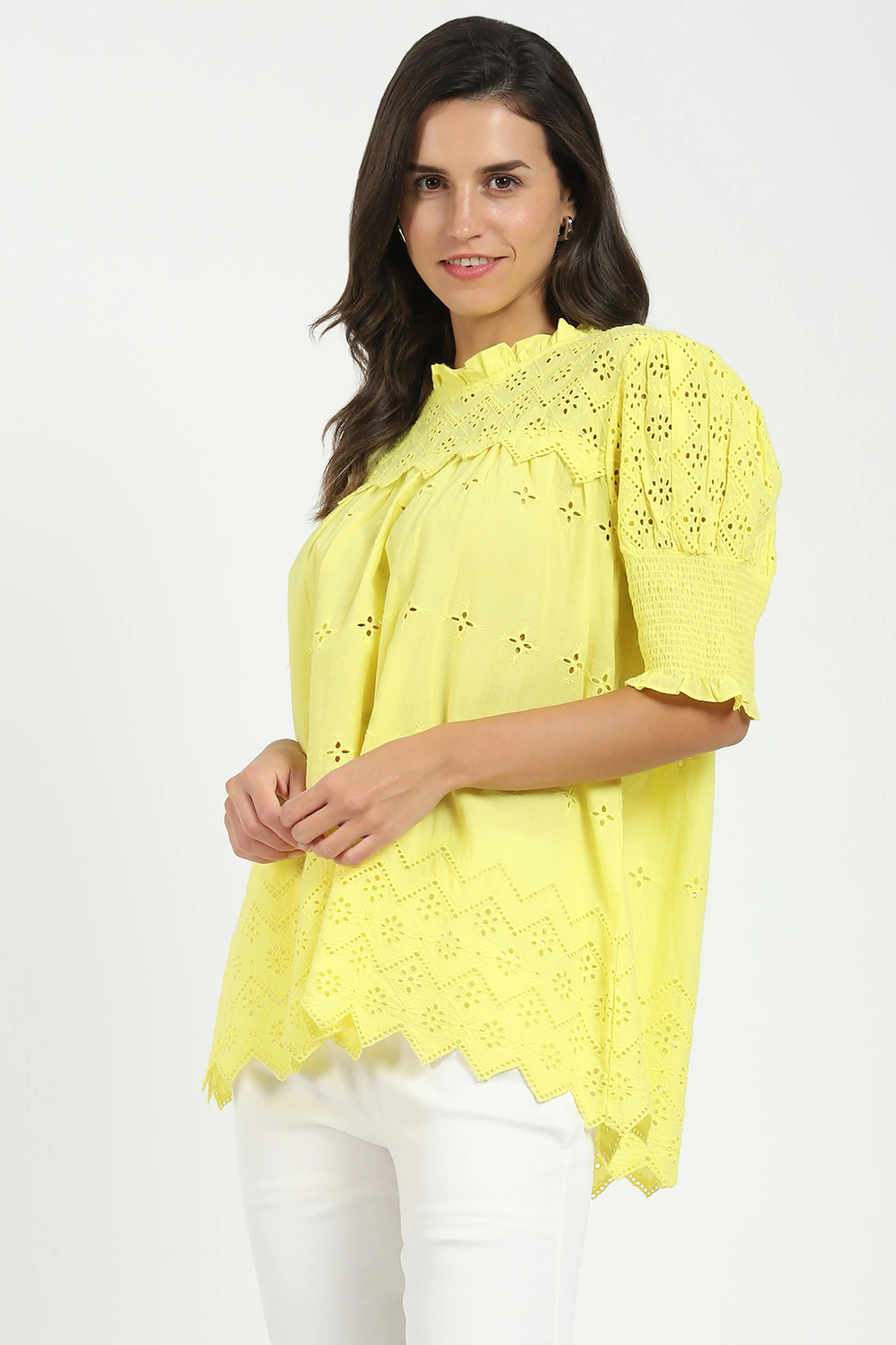 Yellow Embroidered  Schiffli Top - Global Republic