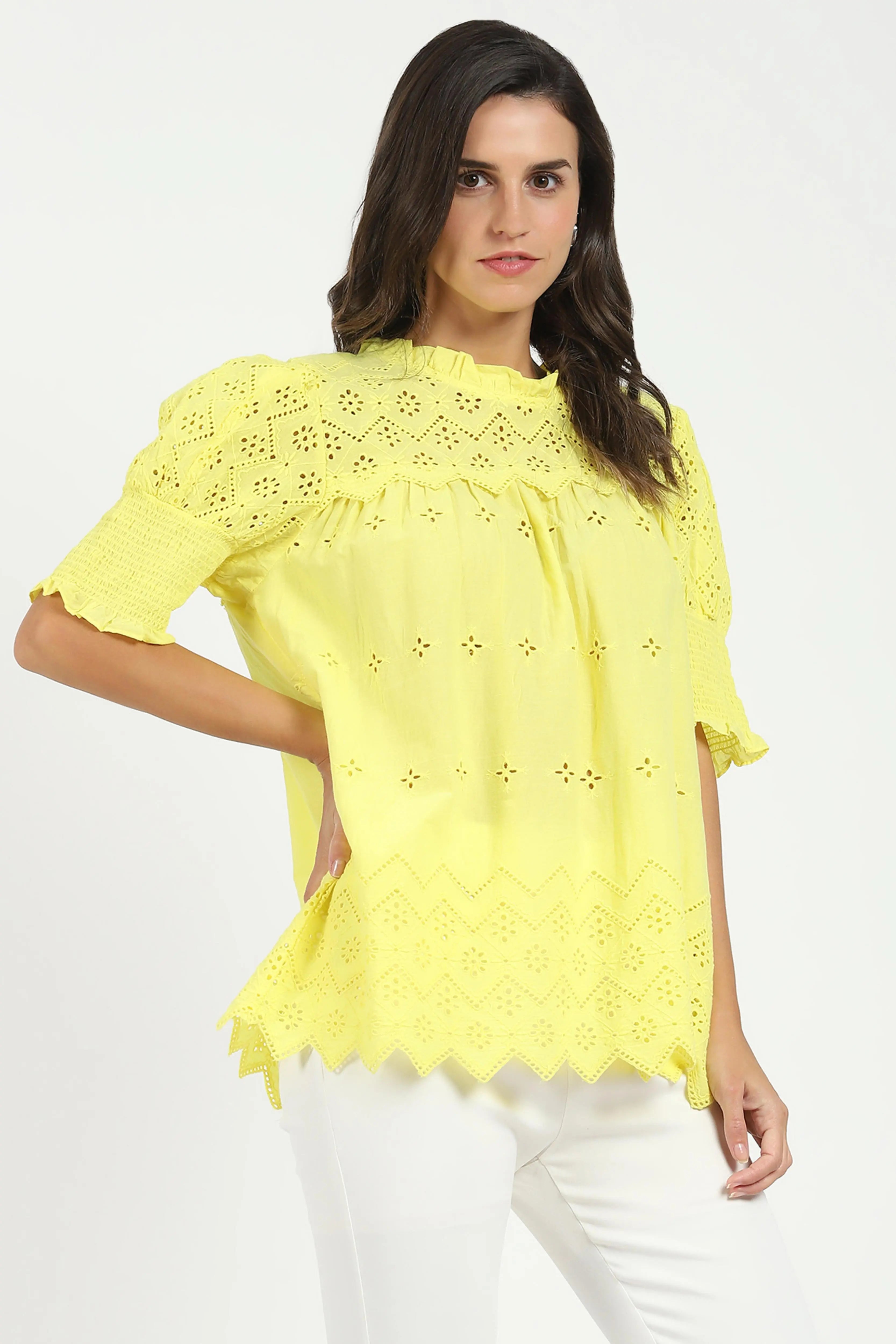 Yellow Embroidered  Schiffli Top - Global Republic