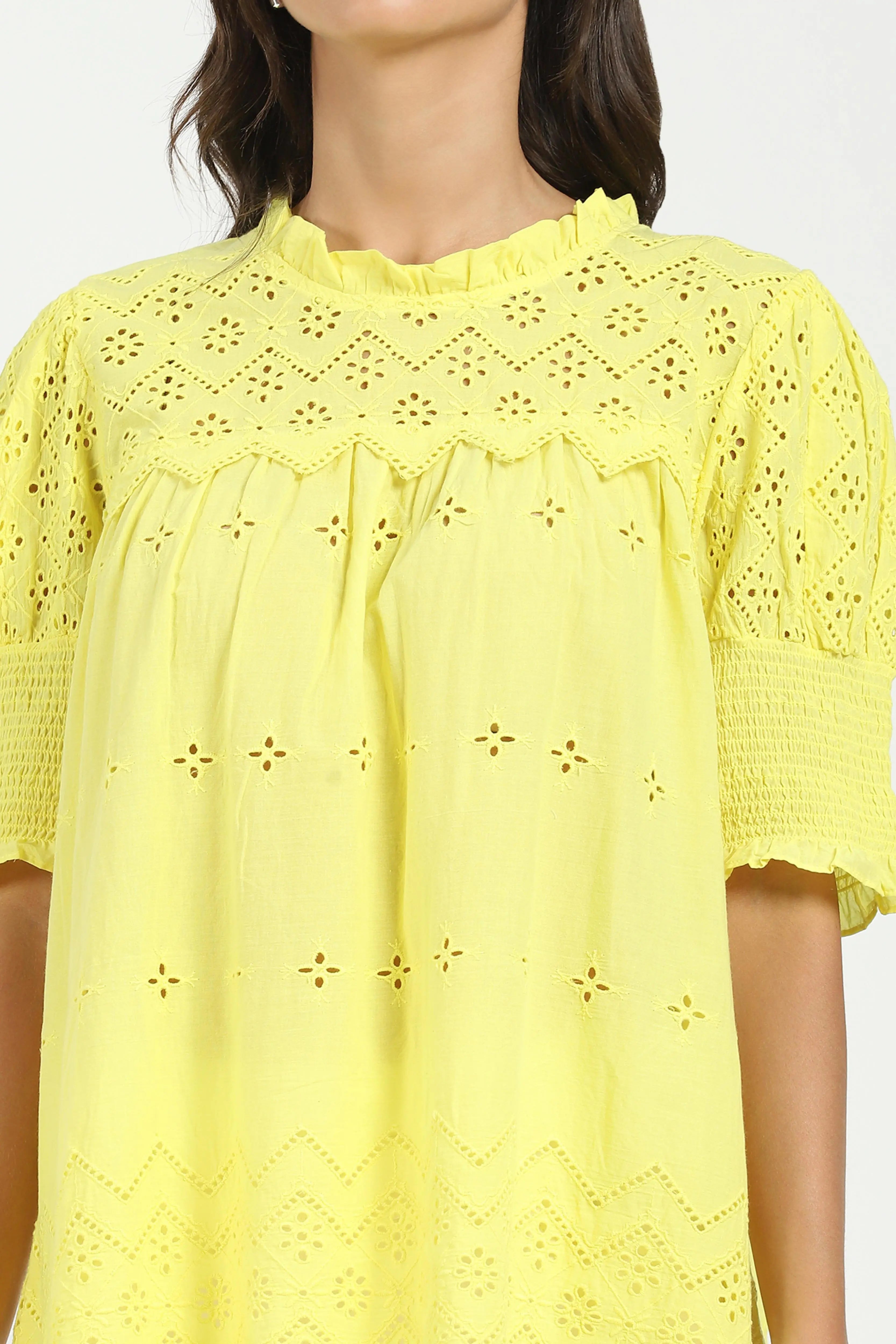Yellow Embroidered  Schiffli Top - Global Republic