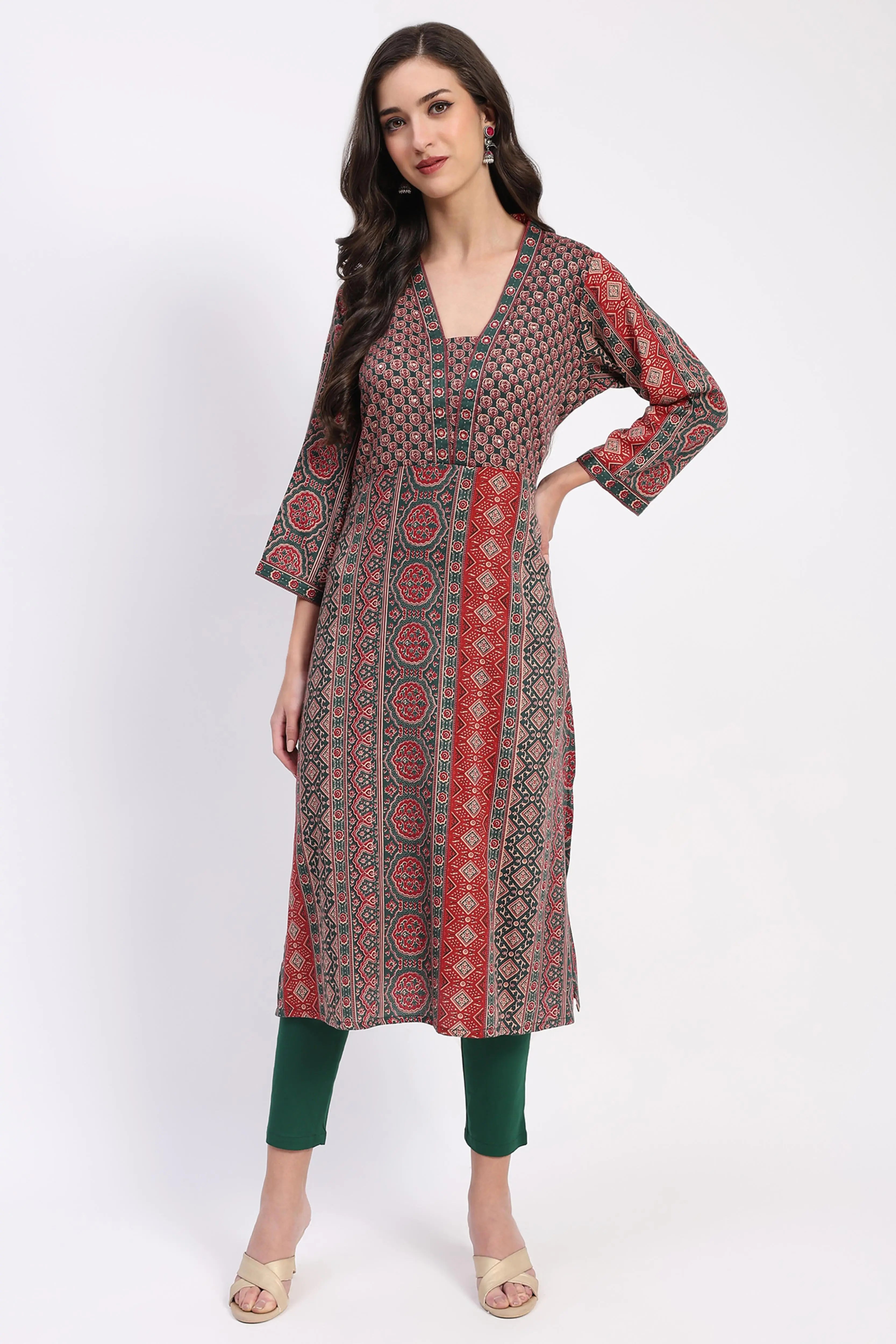 Ethnic Print Embellished Cotton A-Line Kurta - Global Republic