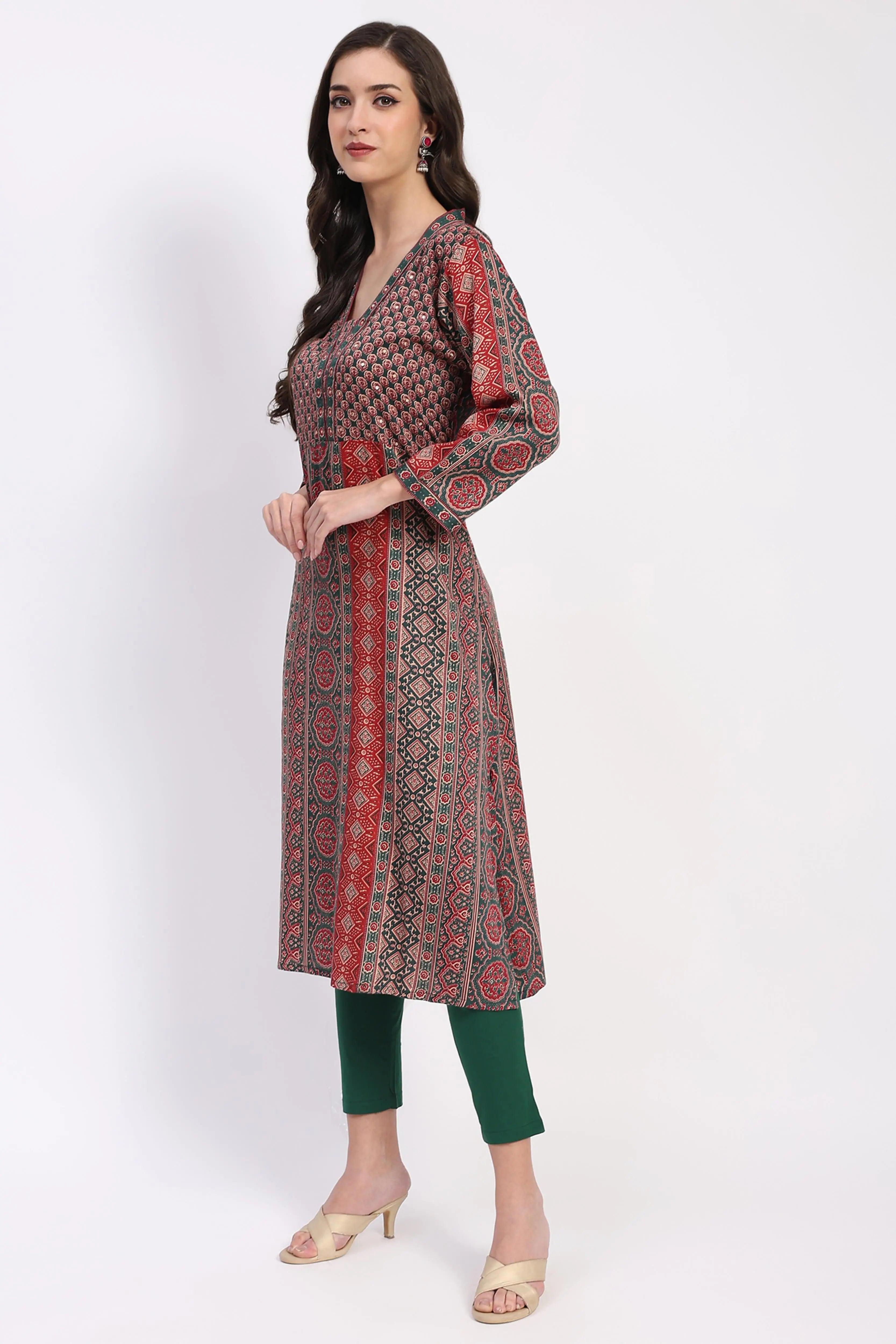 Ethnic Print Embellished Cotton A-Line Kurta - Global Republic