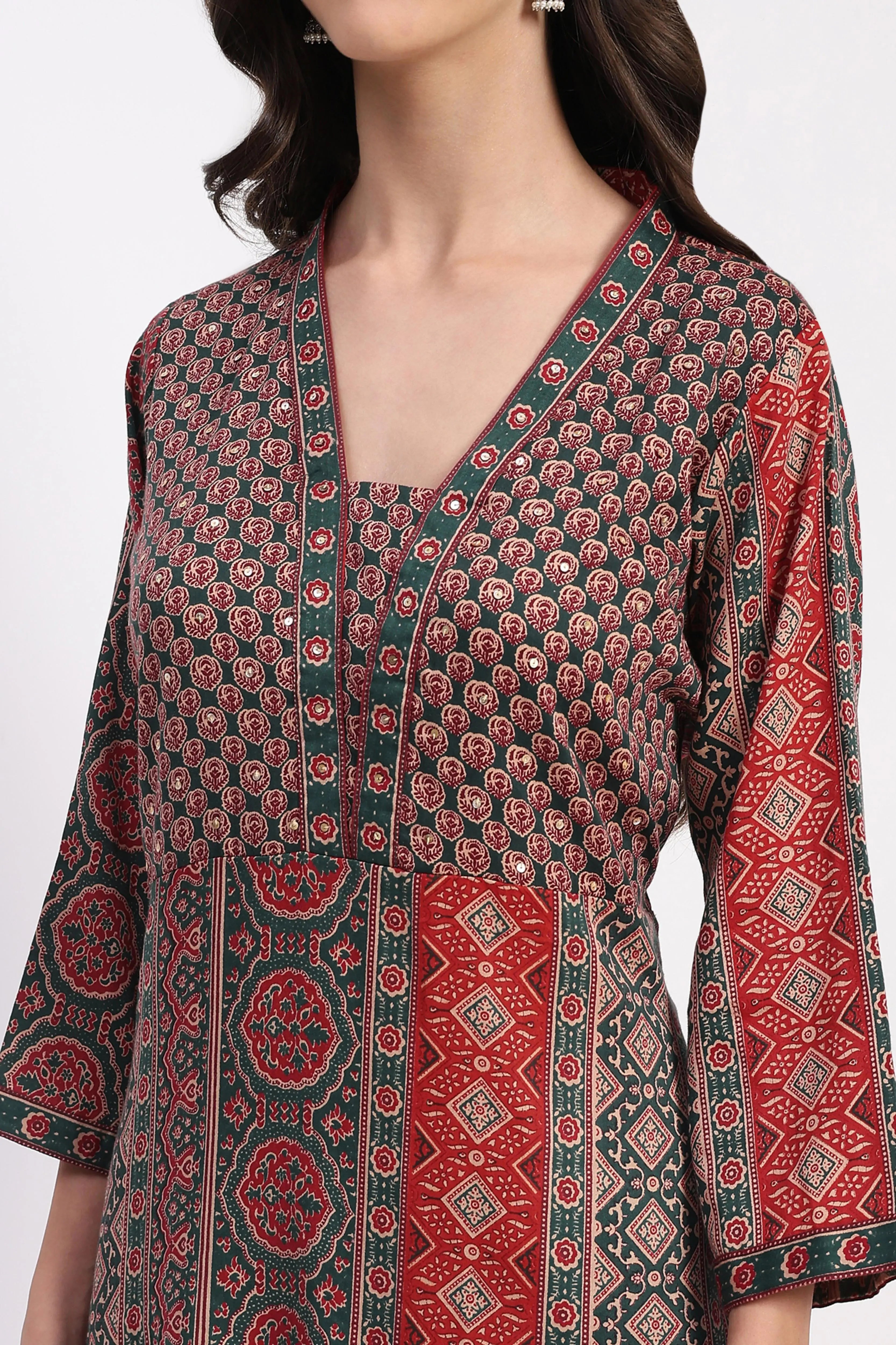 Ethnic Print Embellished Cotton A-Line Kurta - Global Republic