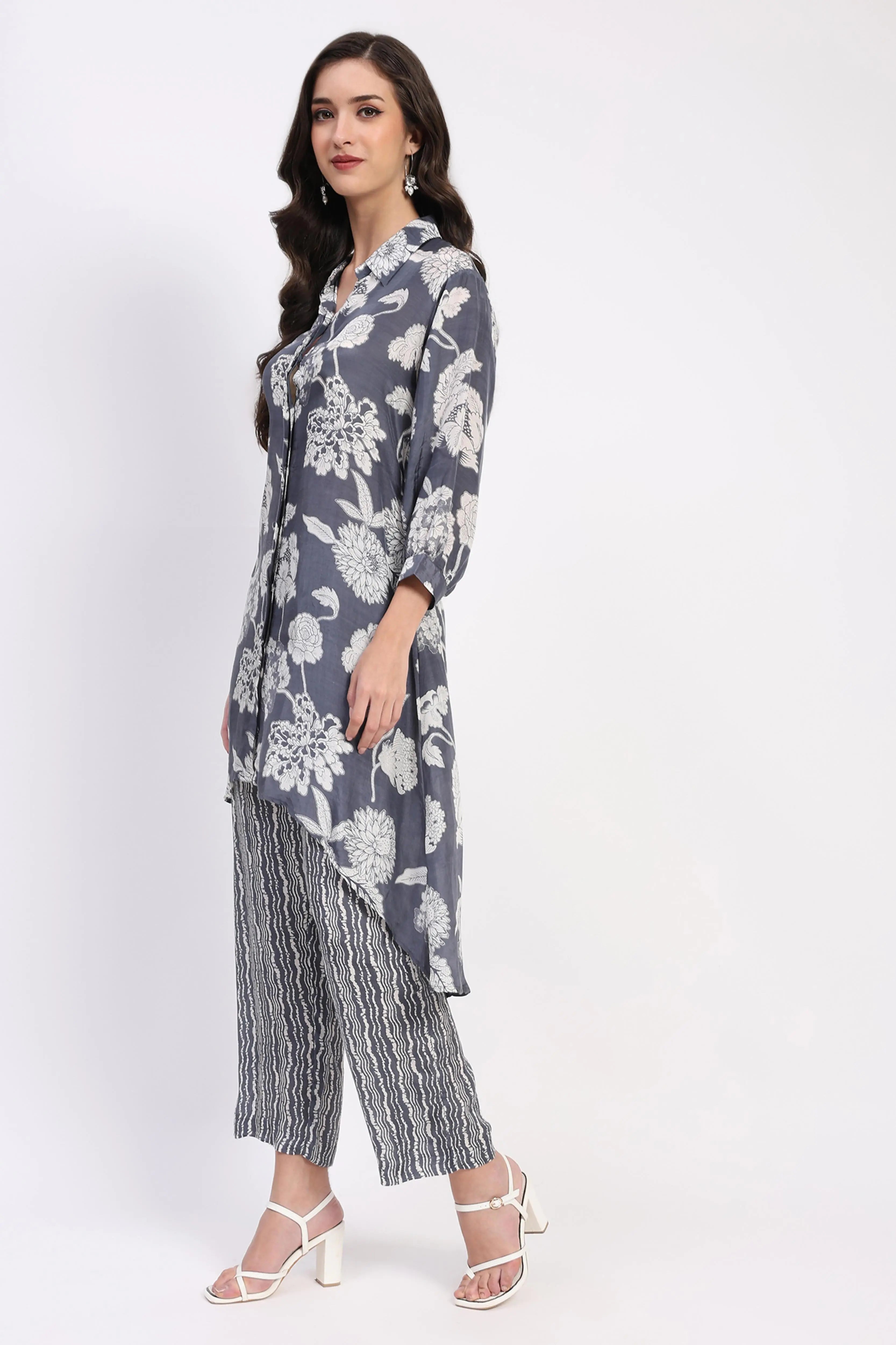 Grey Floral Crepe Kurta Set - Global Republic