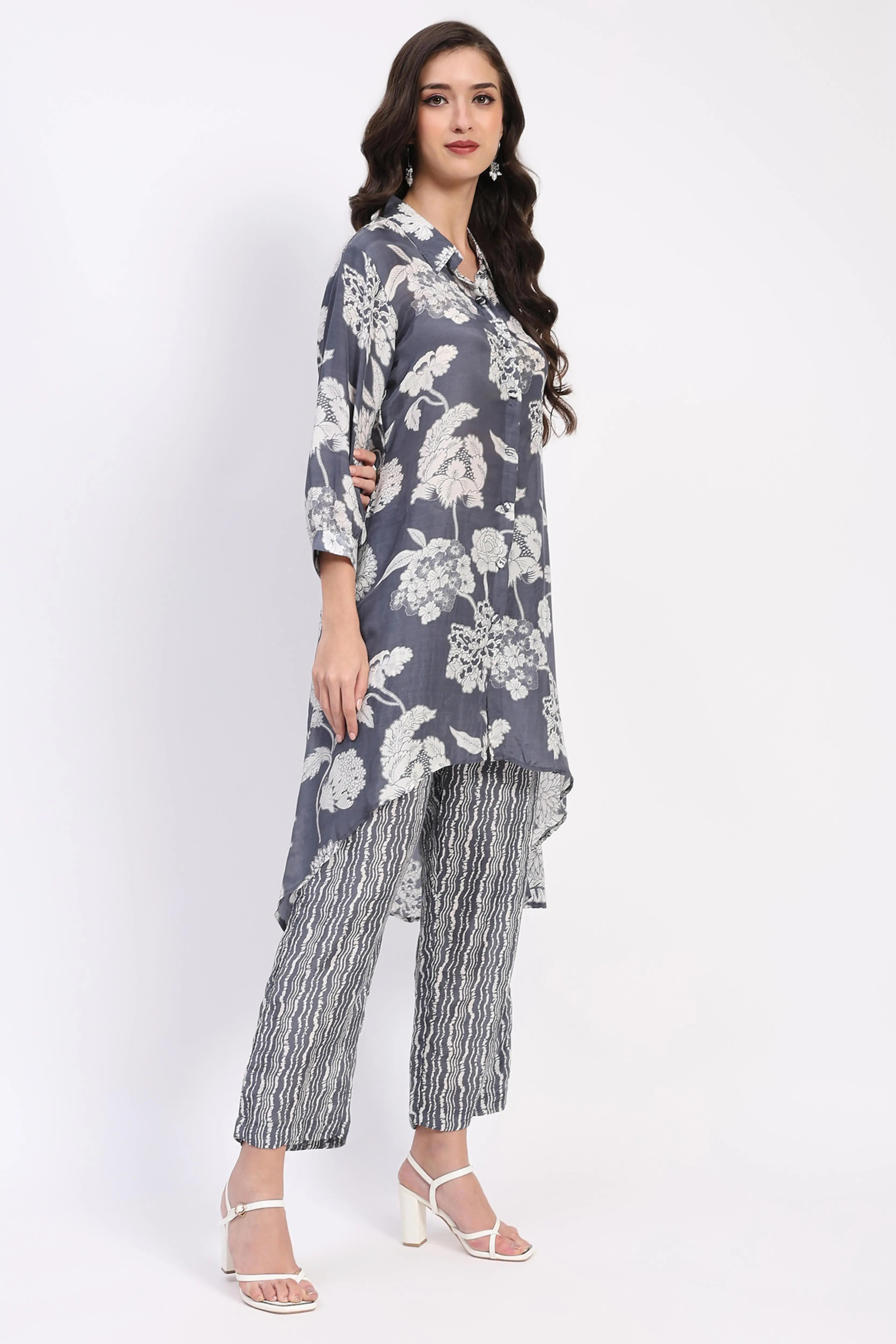 Grey Floral Crepe Kurta Set - Global Republic