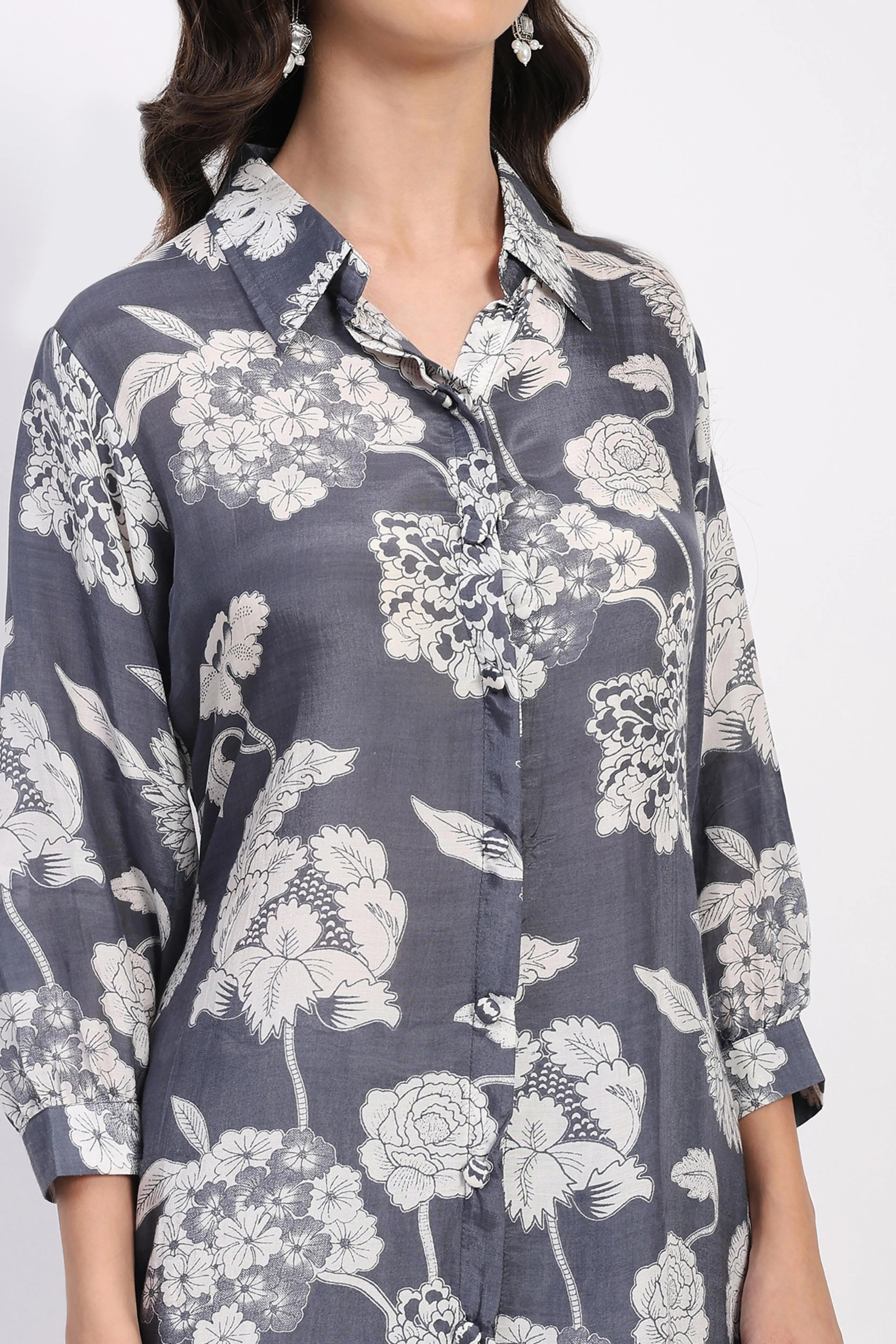 Grey Floral Crepe Kurta Set - Global Republic