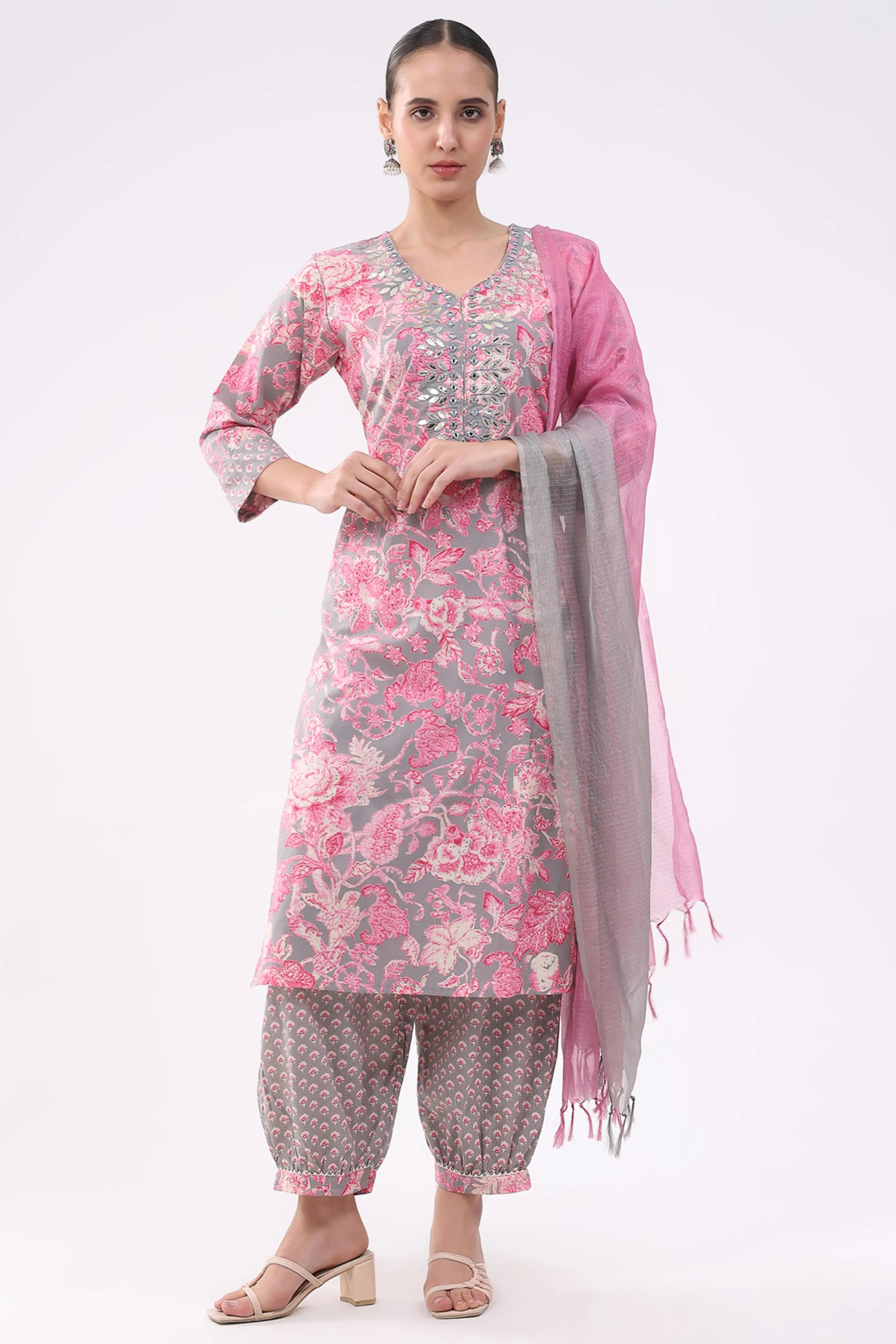 Pink & Grey Floral Cotton Suit Set - Global Republic