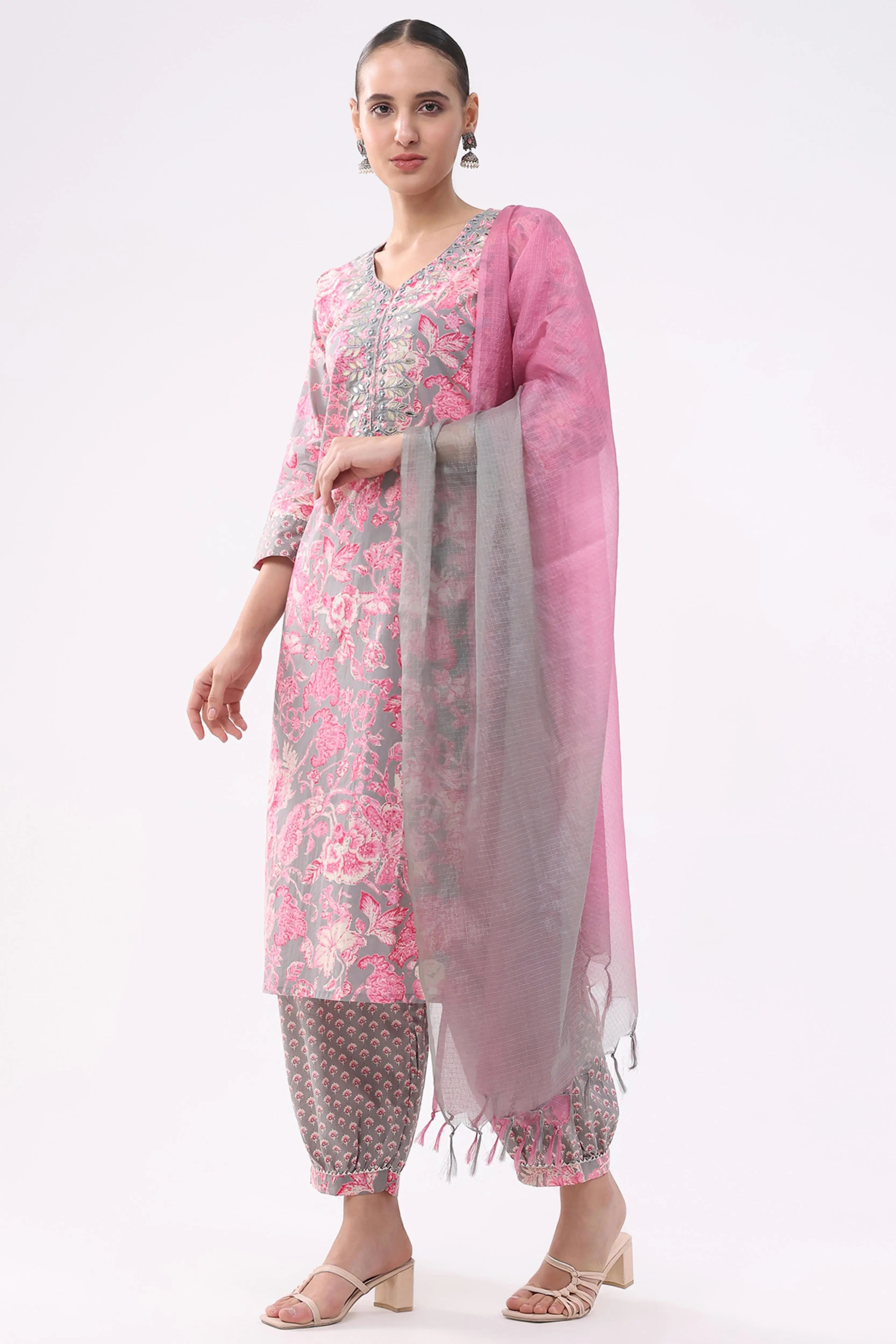 Pink & Grey Floral Cotton Suit Set - Global Republic