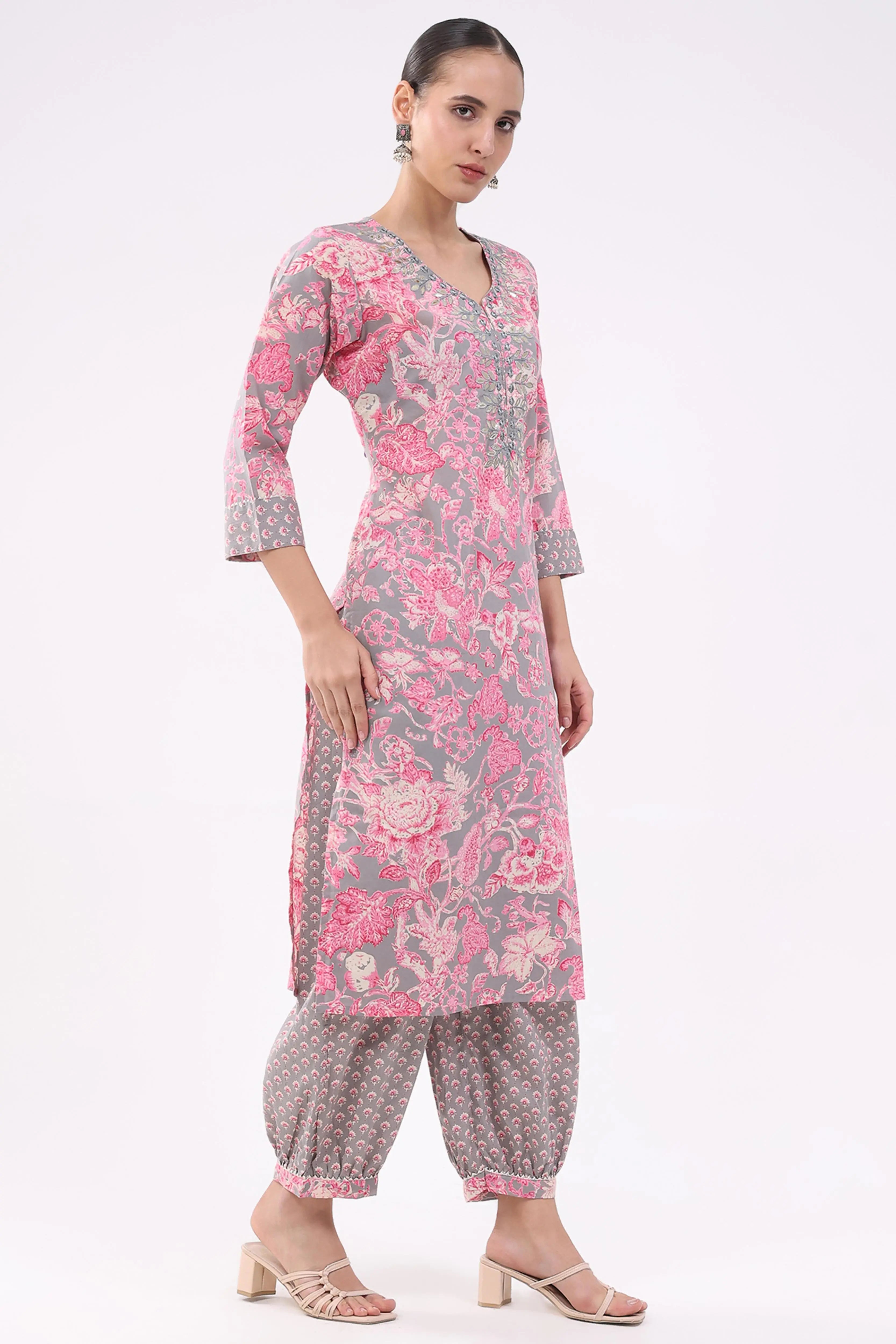 Pink & Grey Floral Cotton Suit Set - Global Republic