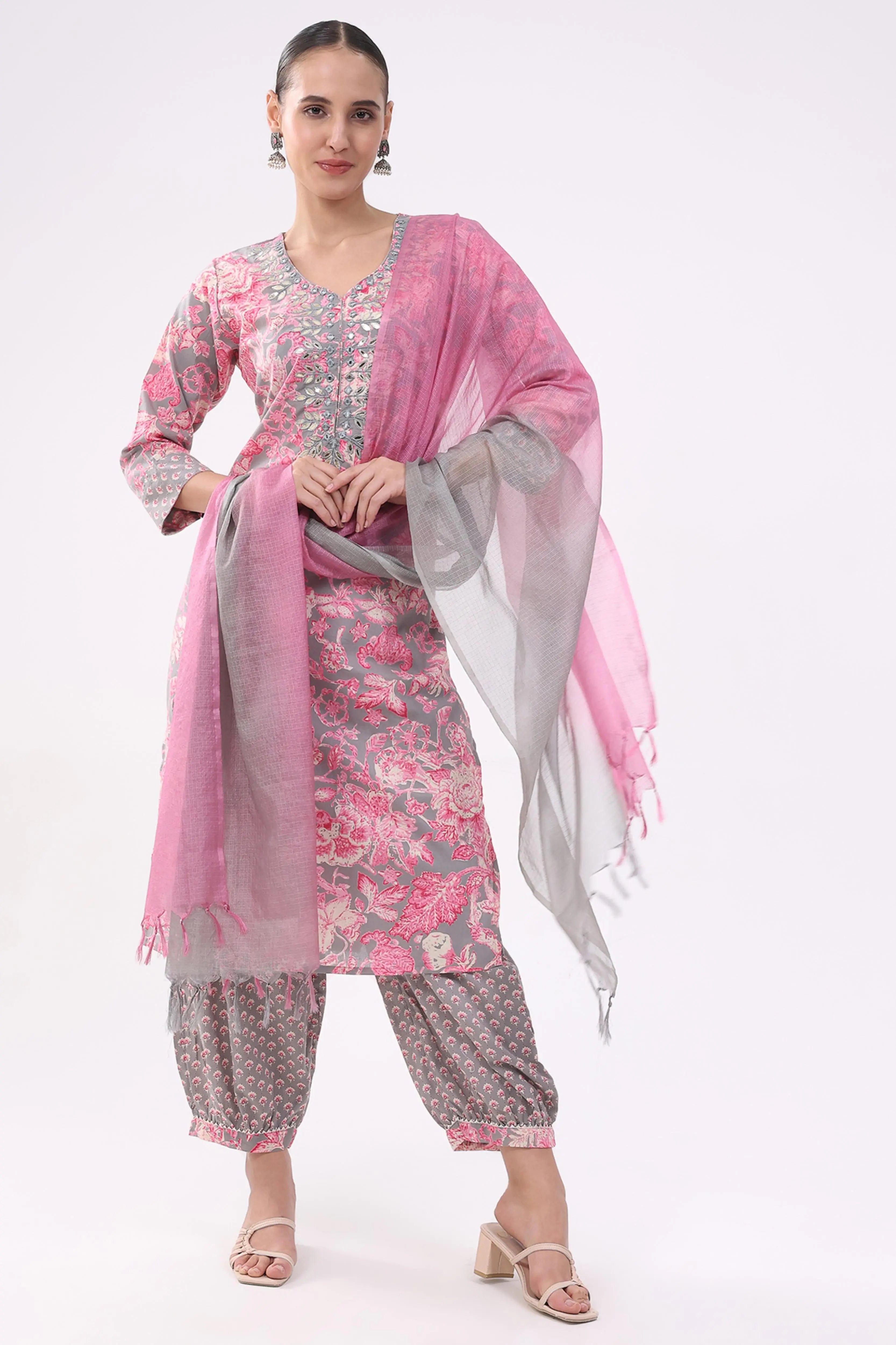 Pink & Grey Floral Cotton Suit Set - Global Republic
